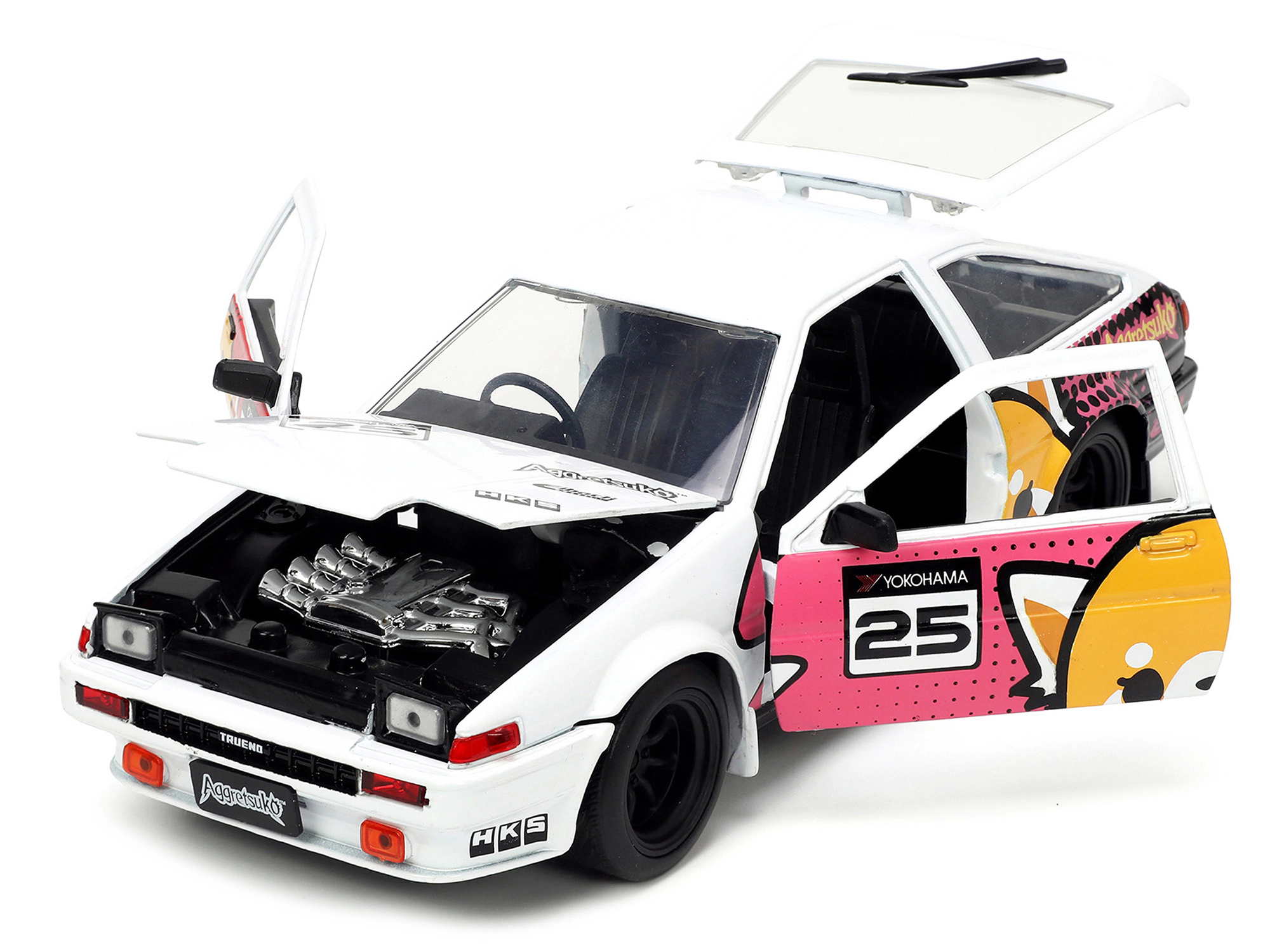 Jada 1986 Toyota Trueno (AE86) RHD (Right Hand Drive) #25 White with Graphics and Aggretsuko Diecast Figure