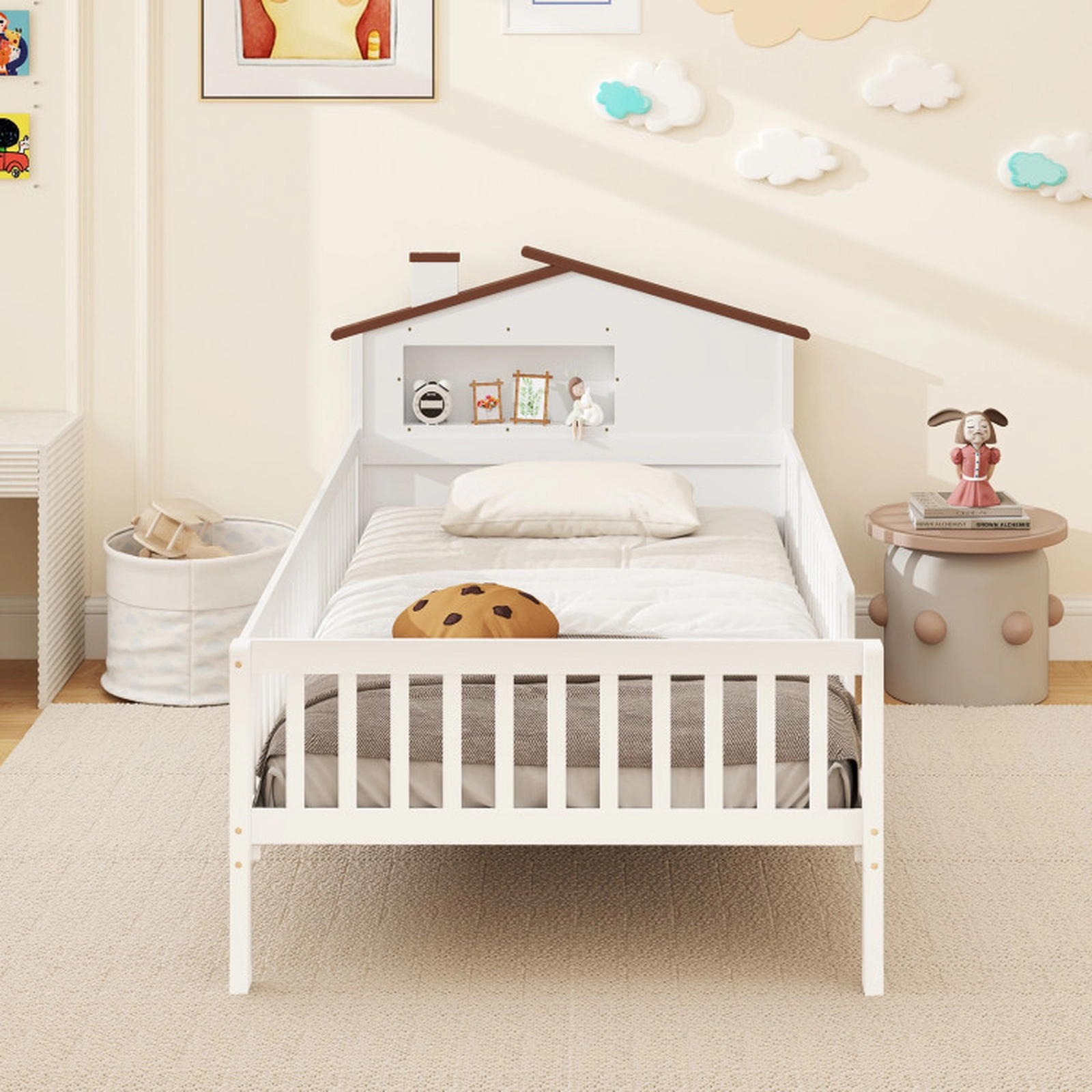 SUGIFT Kids Twin Size Montessori House-Shaped Headboard Solid Pine Bed 82-in x 44.5-in x 36.5-in 440-lb Capacity White