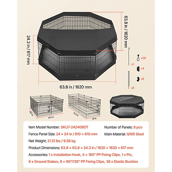 HONGGE Heavy Duty 8 Panel Dog Playpen with Door, Foldable Metal Pet Fence for Dogs, Cats, and Small Animals