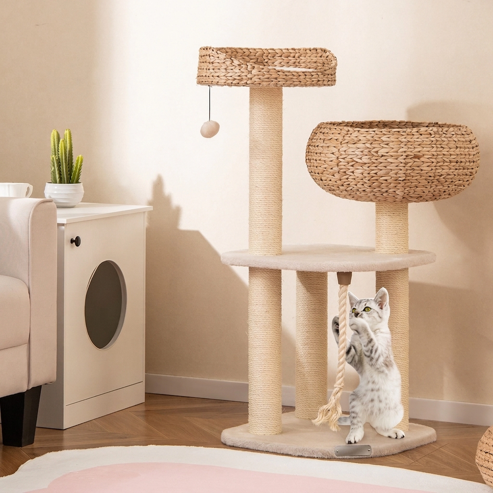 SUGIFT 41-in Rattan Cat Tree Napping Perch 22-lb Capacity Frame with 2 High Rise Basket Beds & Scratching Posts White