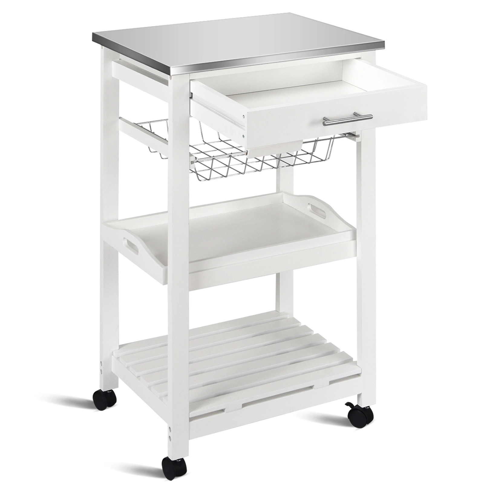 SUGIFT White Kitchen Cart on Wheels with Stainless Steel Top Rolling Serving Trolley Drawer and Basket