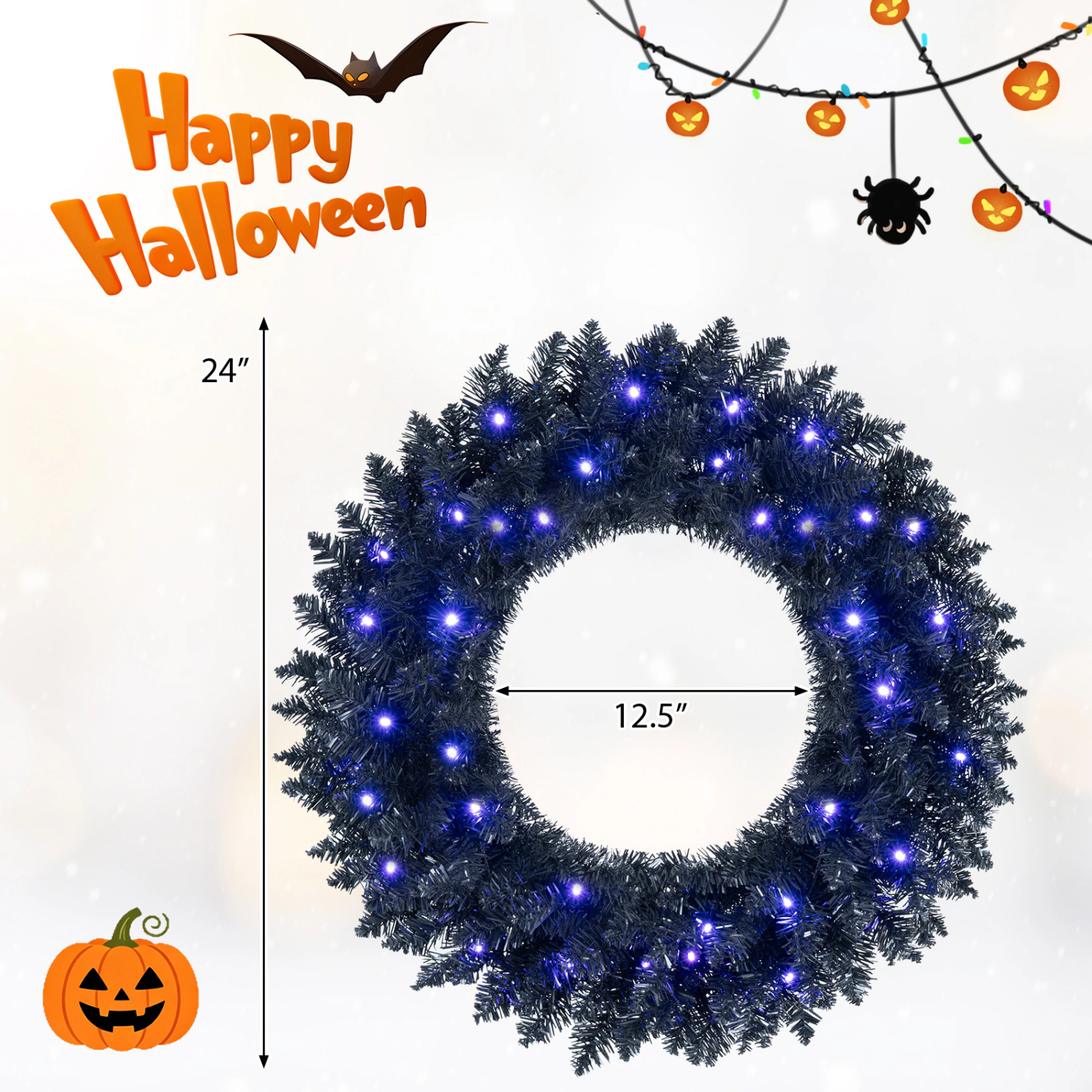 SUGIFT Set of 2 24-in Pre-Lit Halloween Christmas Wreaths with 35 Purple LED Lights and Timer 179 Branch Tips Black
