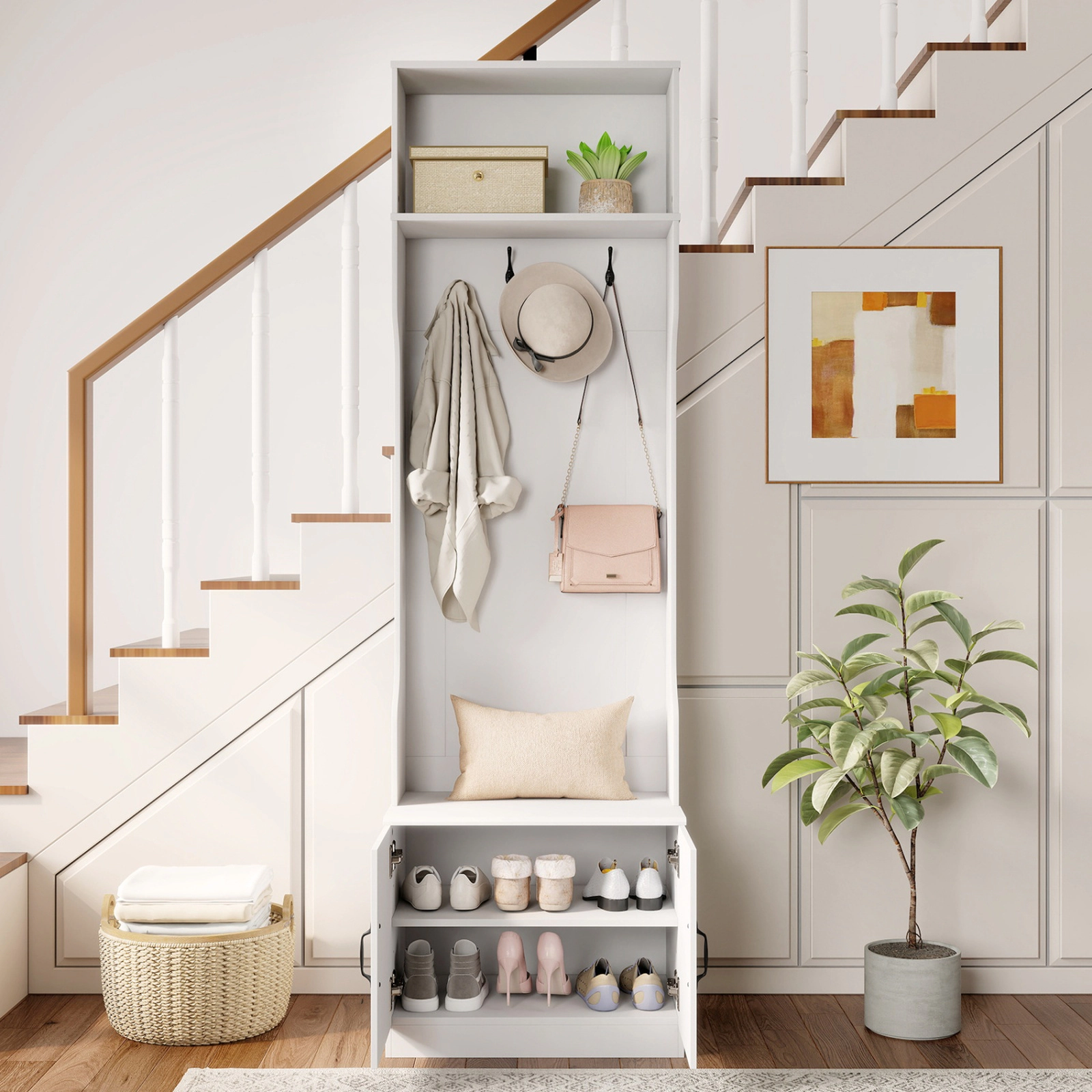 SUGIFT White 23.5-in Wide 3-in-1 Hall Tree with Bench Shoe Cabinet and 4 Double Hooks for Mudroom