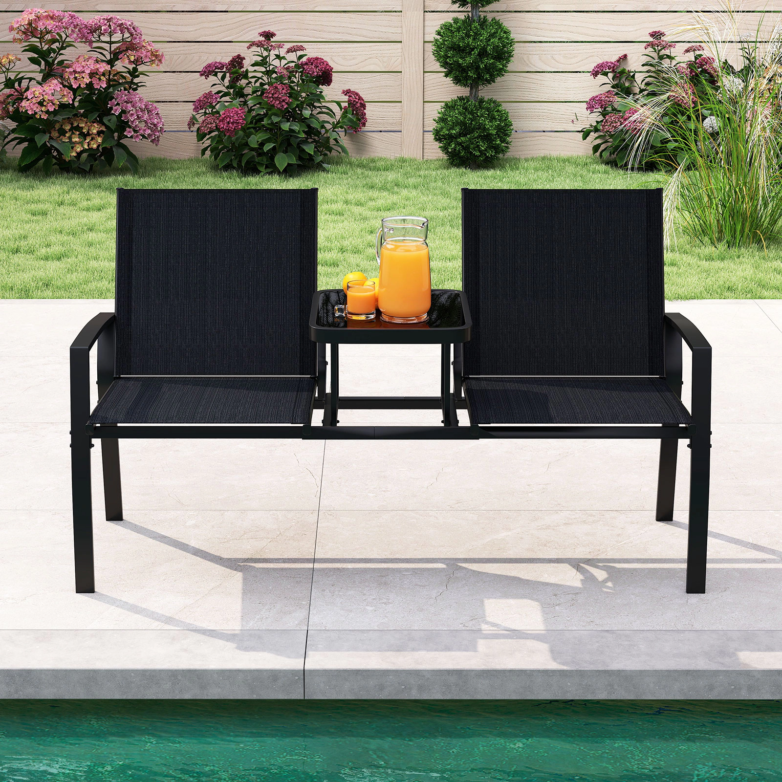 LJG Patio Loveseat with Built-in Table with Breathable Fabric Back
