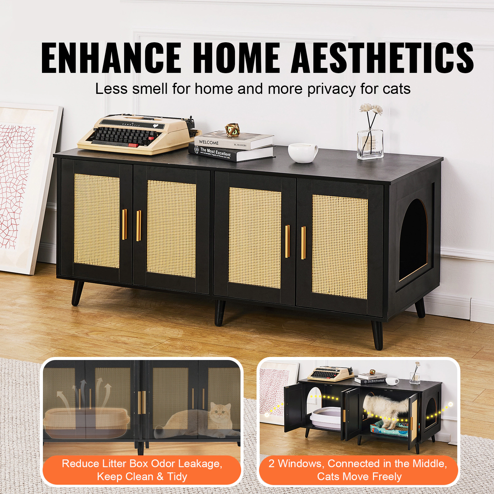 HONGGE Cat Litter Box Enclosure for 2 Cats Litter Box Furniture Hidden with Wooden Cat Box Cabinet Fit Most of Litter