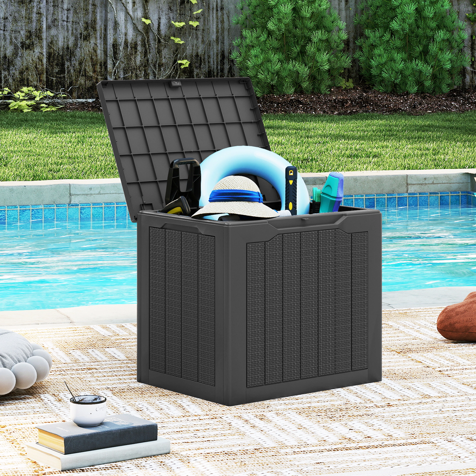 SUGIFT 25-Gal 330-lb Capacity Lockable Black Wicker Small Deck Box Outdoor Storage Container with Lid