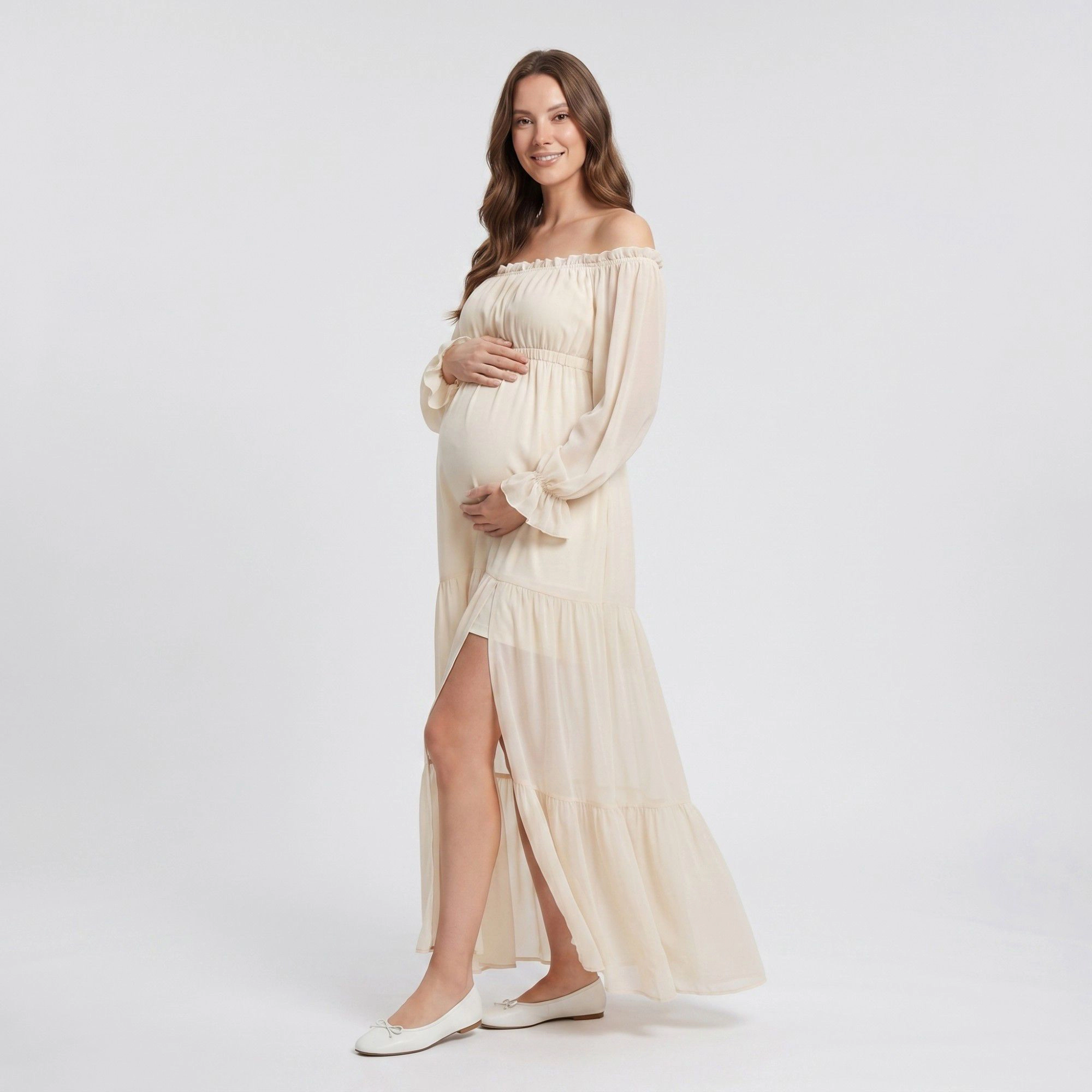 Anna-Kaci Women's Off Shoulder Sheer Long Sleeve Tiered Skirt Maternity Maxi Dress