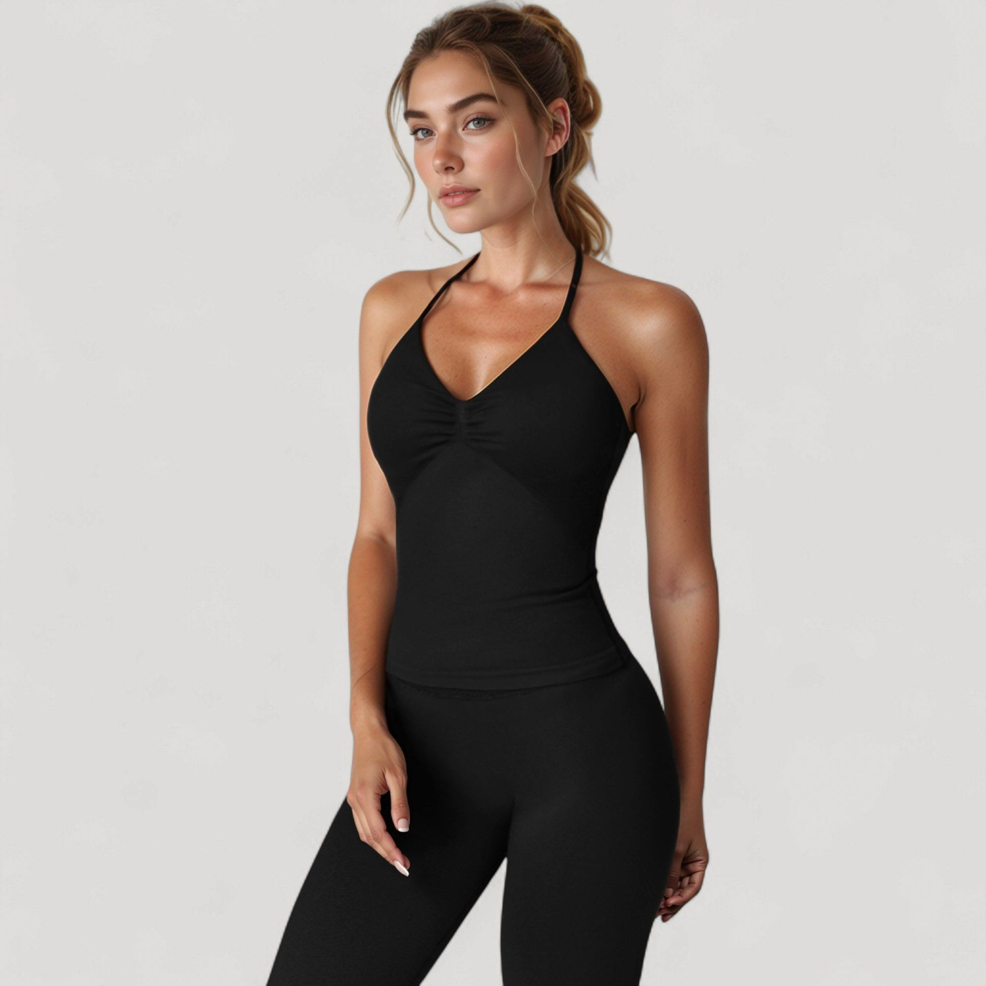 Anna-Kaci Women's Seamless Padded Cami Tank Top with Ruched Front Detail and Adjustable Halter Straps