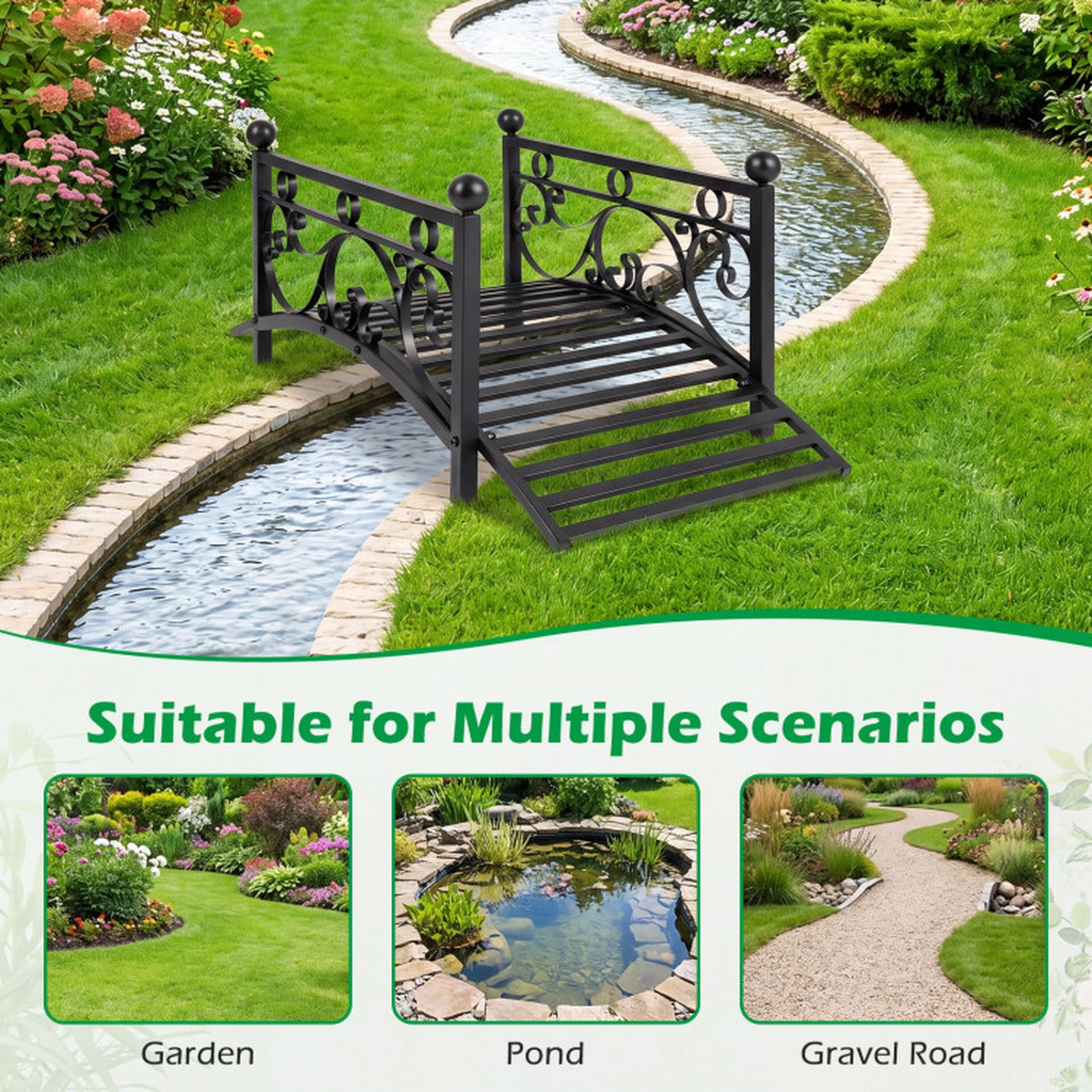 SUGIFT 40-in Arched Garden Metal Bridge Yard Art with Dual Patterned Side Rails 330-lb Capacity Black Metal 1-Piece