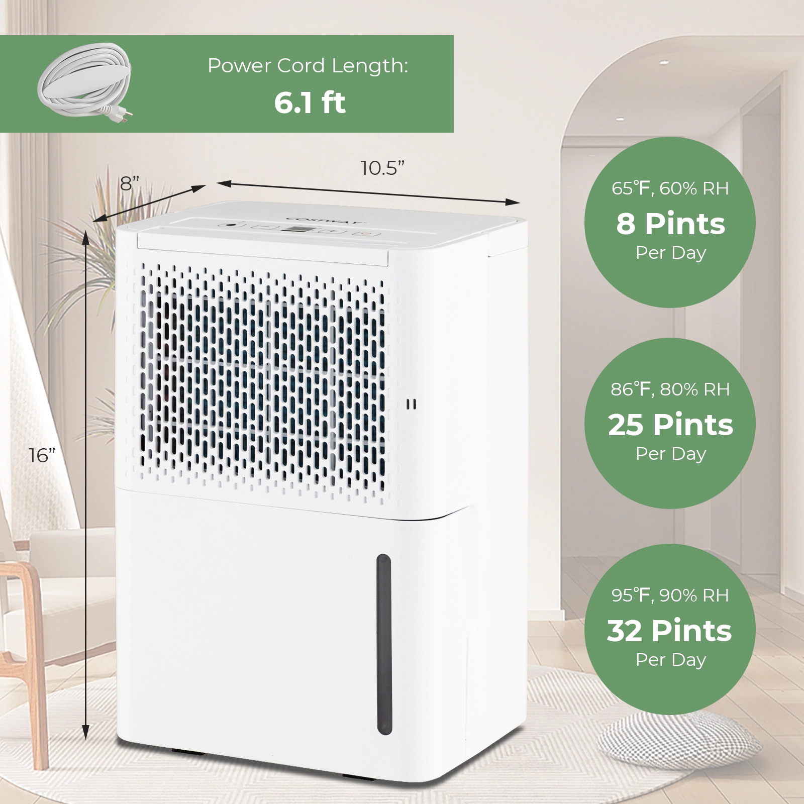 SlickBlue Home Dehumidifier with 32 Pint Capacity, Digital Display and Auto Defrost