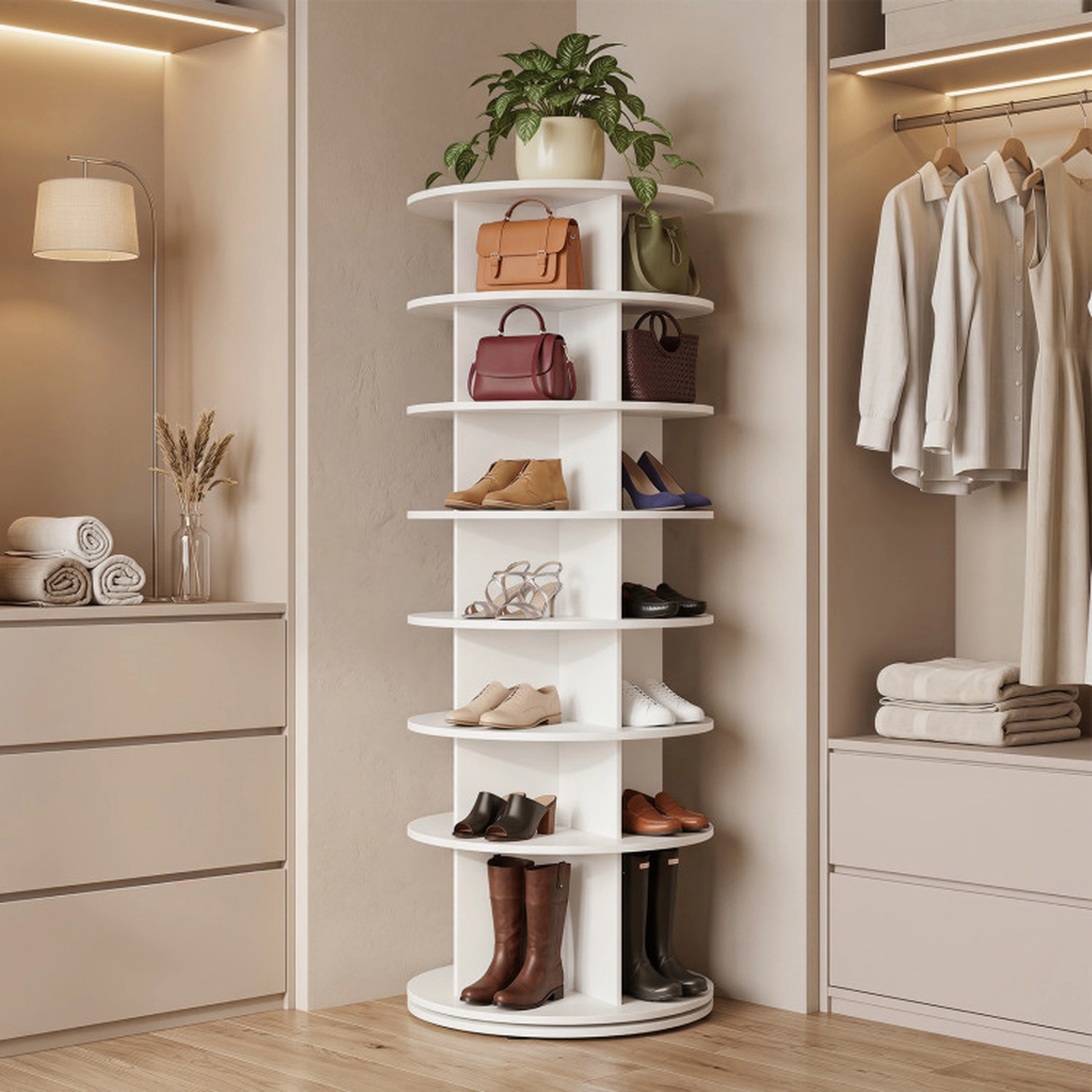 SUGIFT 7-Tier 360° Rotating Shoe Rack Tower Freestanding Organizer 62.5-in Tall 22-lb Tiers Engineered Wood White