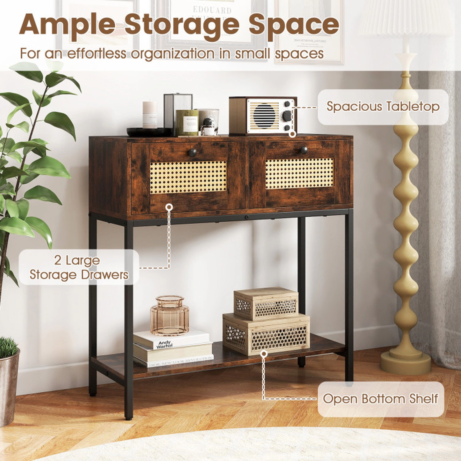 SUGIFT Rattan 2-Drawer Console Table with Open Storage Shelf 132-lb Total Capacity Rustic Brown