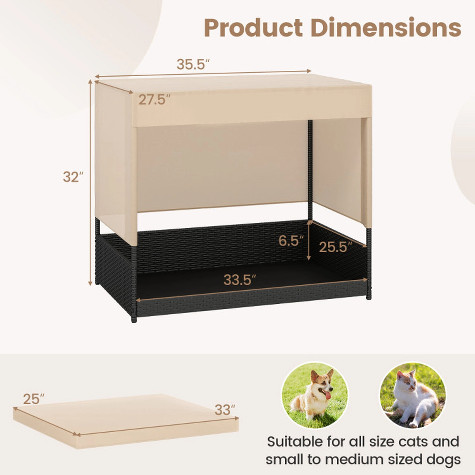 SUGIFT Black Elevated Wicker Dog House with Canopy Roof and Removable Cushion 35.5-in W 27.5-in D 32-in H