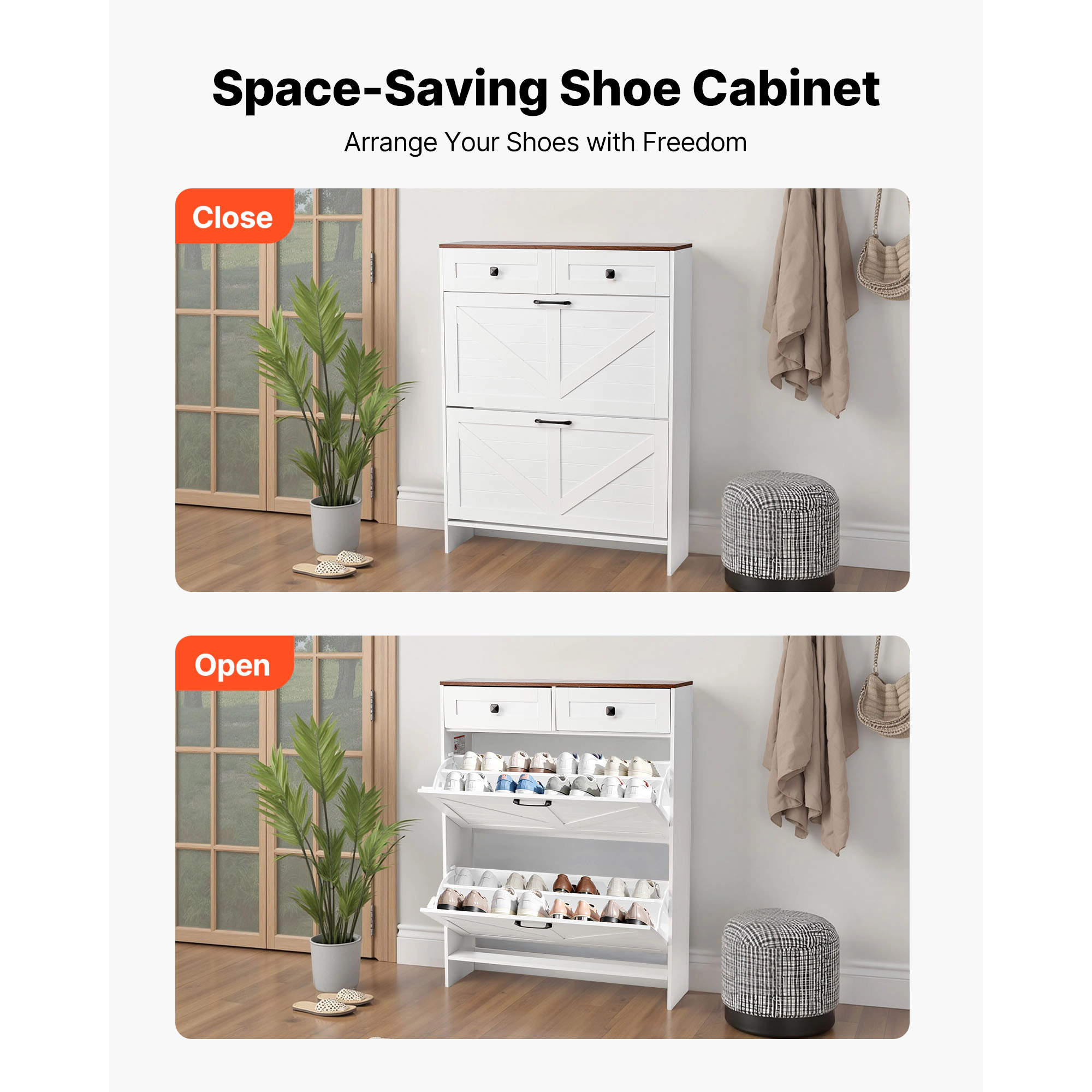 HONGGE Shoe Cabinet with Flip Drawers, Shoes Storage Cabinet with Anti-Tipping Device