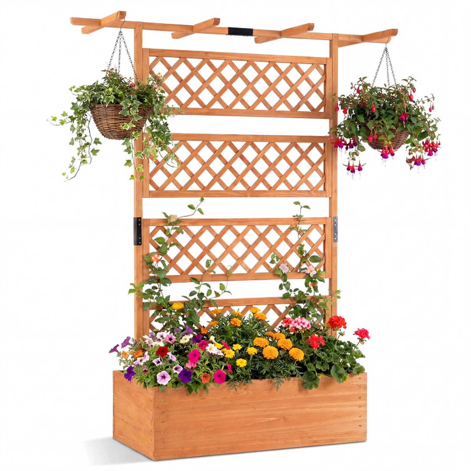 SUGIFT Orange Wood Planter Box with Lattice Trellis and Flat Roof 38-in W 20.5-in D 11-in H 130-lb Box Capacity