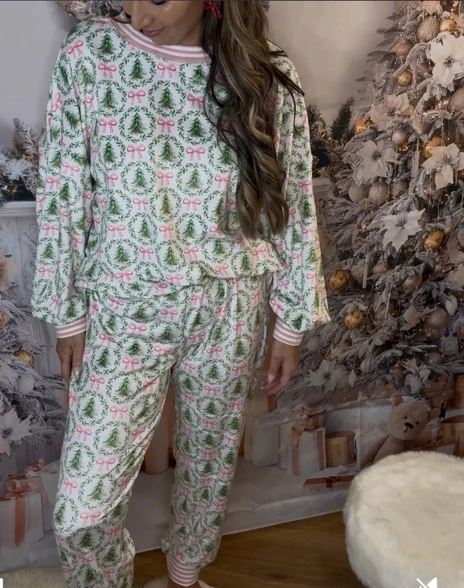 KOJOOIN Women Christmas Pajamas Set  2 Piece Long Sleeve Sleepwear Tree Bow Print Loungewear