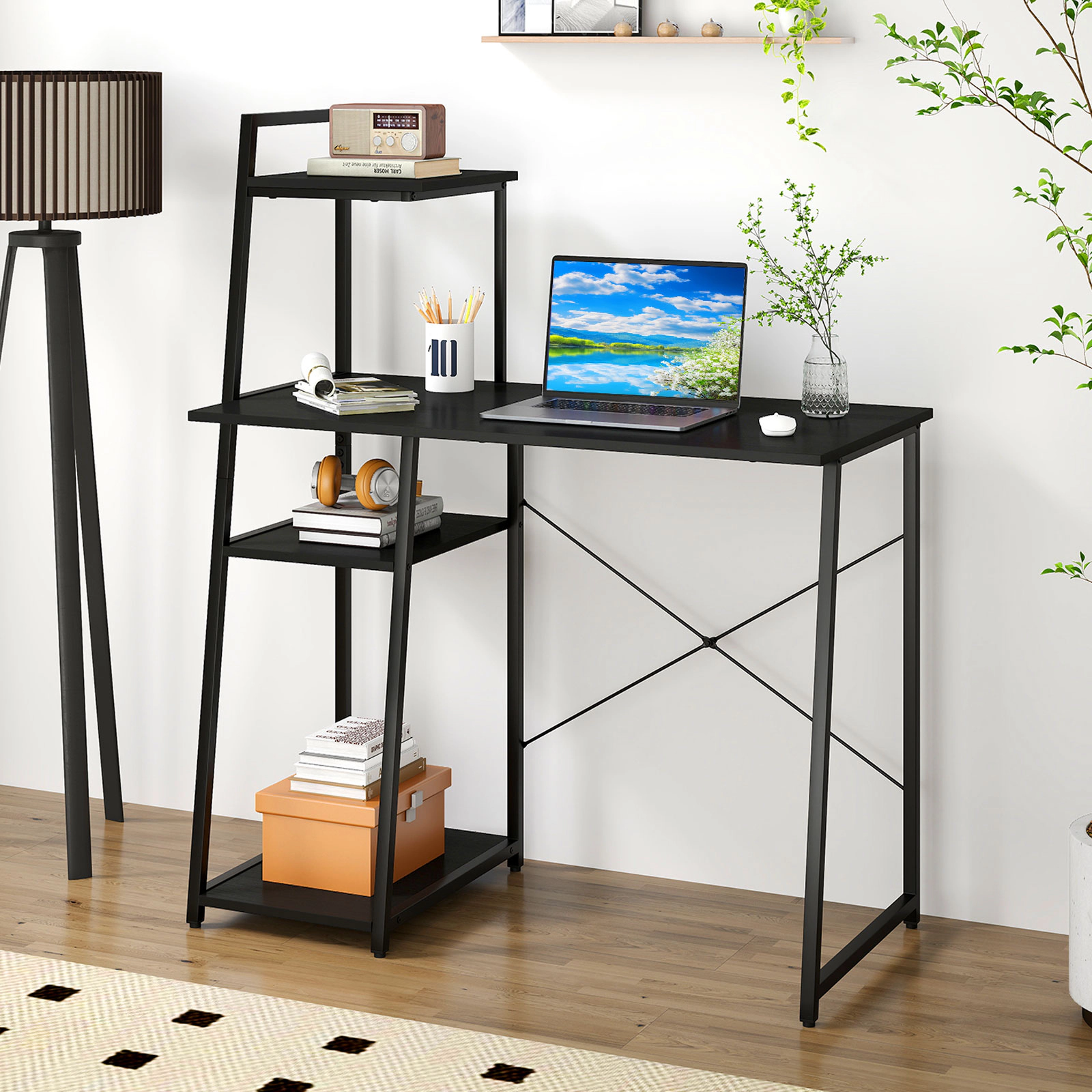 SUGIFT Computer Desk with 3-Tier Storage Bookshelf and Shelves 155-lb Desktop Capacity Rustic Brown & Black/Natural &