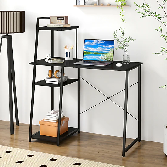 SUGIFT Computer Desk with 3-Tier Storage Bookshelf and Shelves 155-lb Desktop Capacity Rustic Brown & Black/Natural &