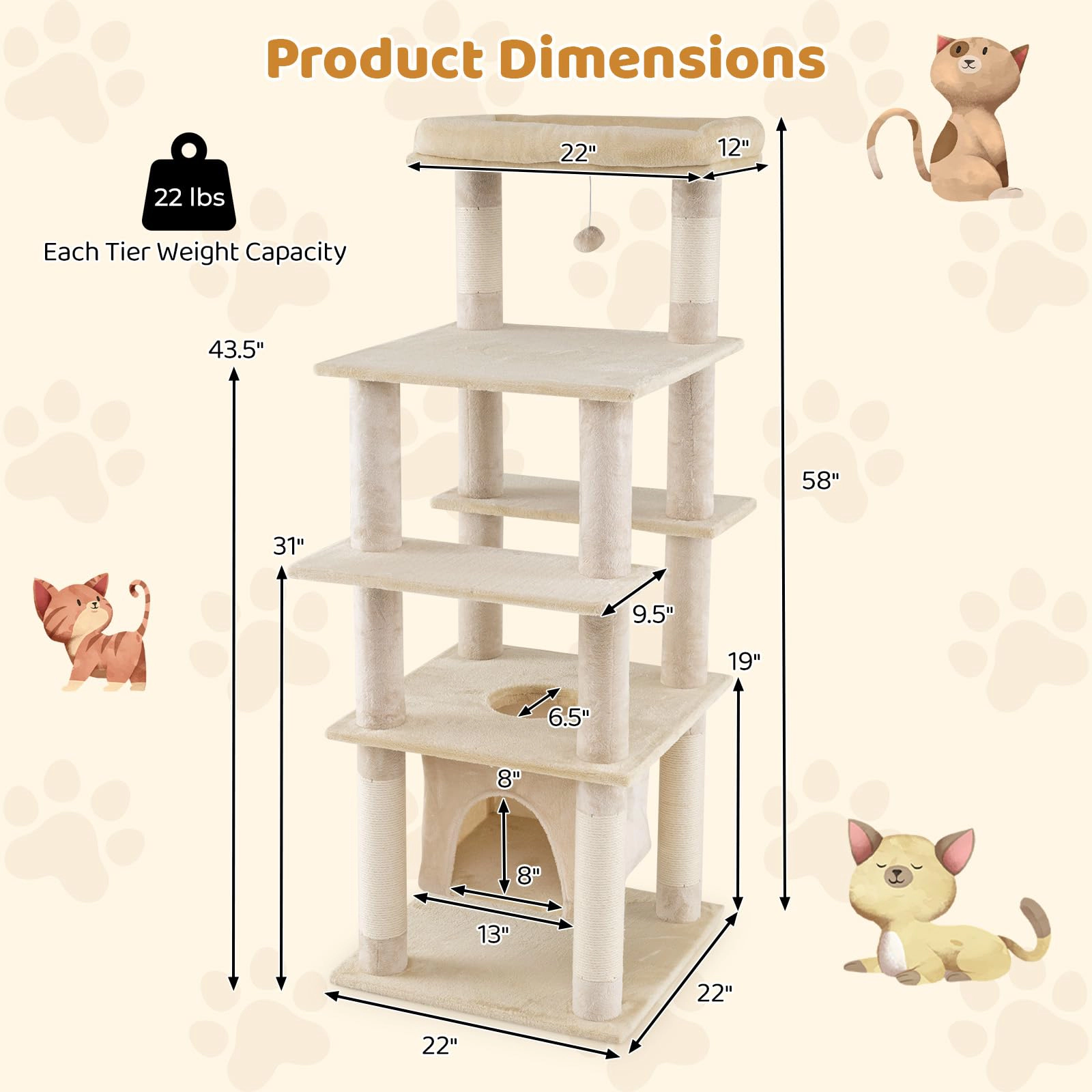 Glintex 58-Inch Cat Tree with Swaying Aerial Condo and 6 Scratching Posts