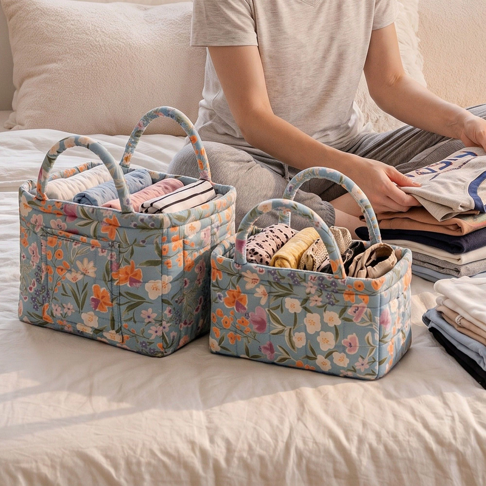 Alilang Unisex 2 Piece Quilted Floral Storage Tote Set with Handles and Front Pocket