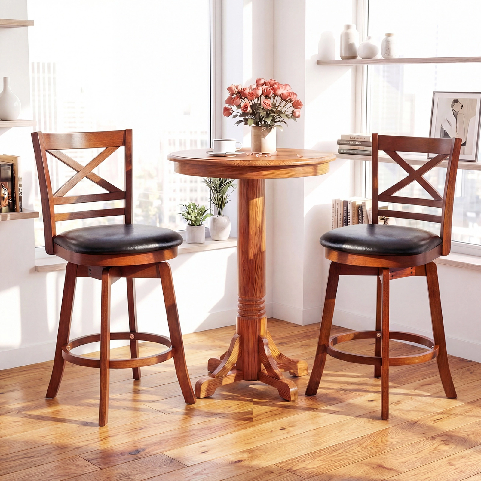 SUGIFT Set of 2 24-Inch Counter-Height Swivel Bar Stools, Rubberwood, Backrest and Footrest