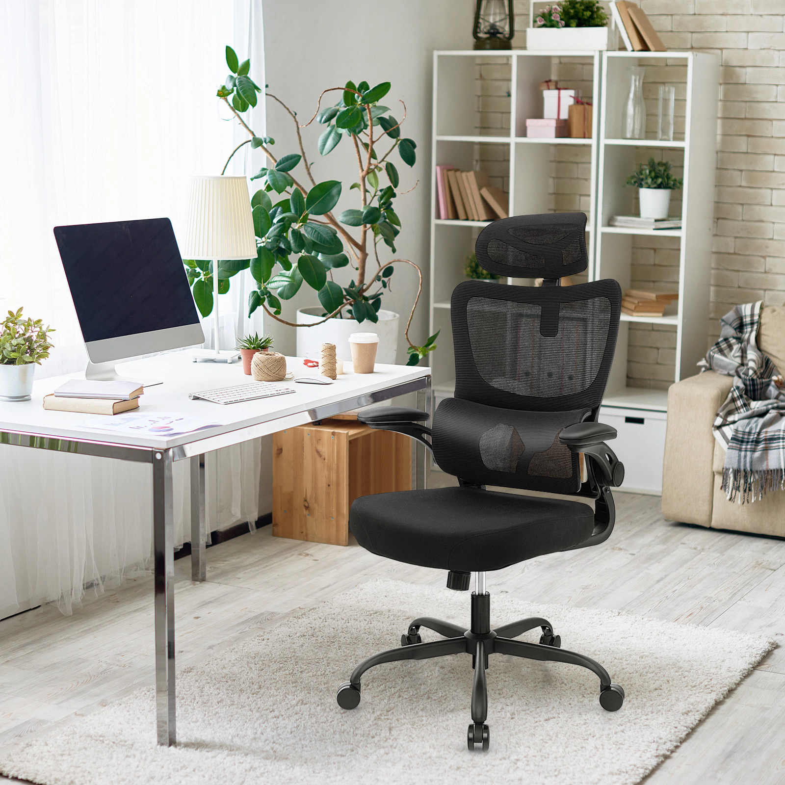 SUGIFT Adaptive Lumbar Support Flip-up Armrests Reclining Mesh Office Chair 25.5-in x 25.5-in x 45.5-in 300-lb Black