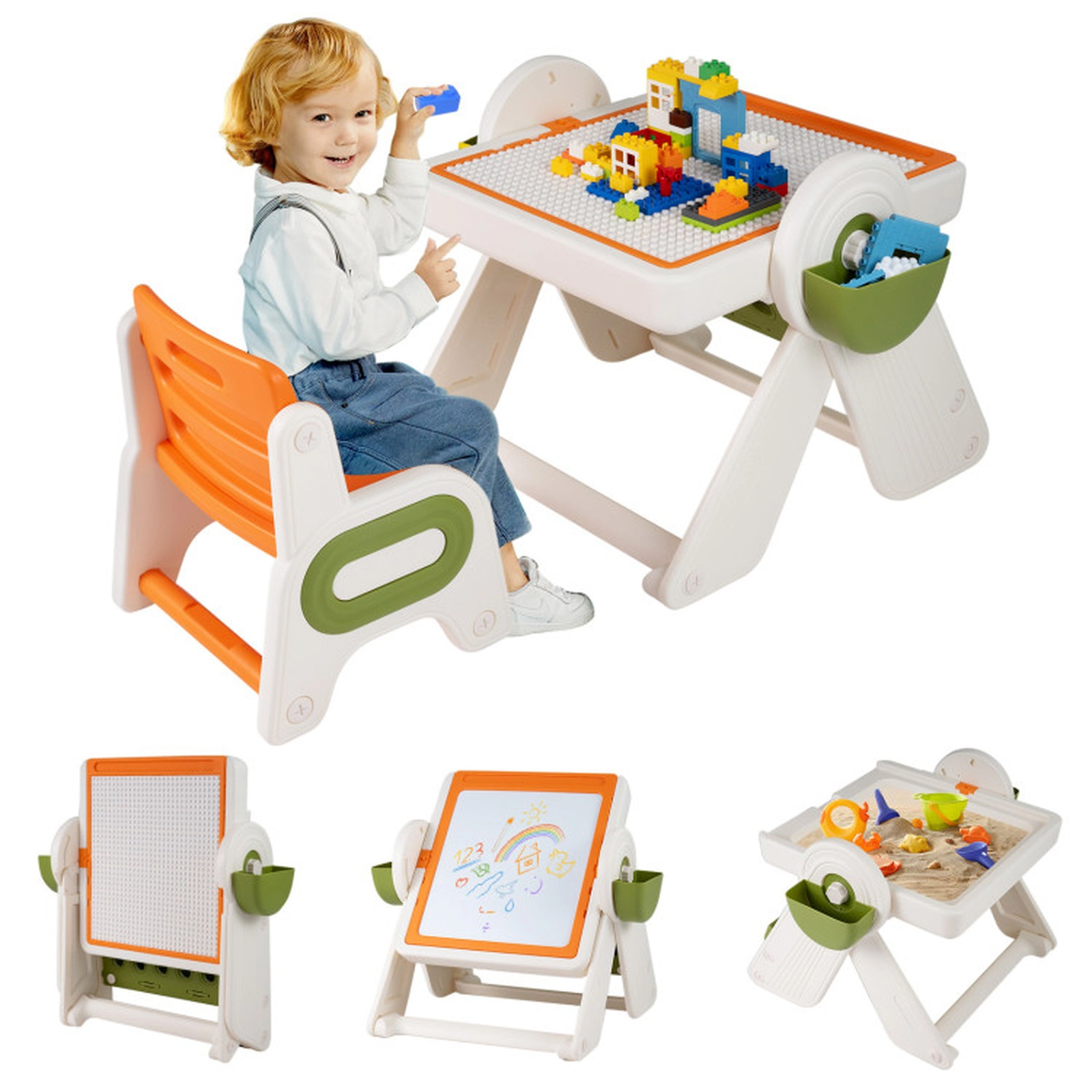 SUGIFT Orange Folding Art Easel and Storage Baskets Kids 6-in-1 Activity Table and Chair Set