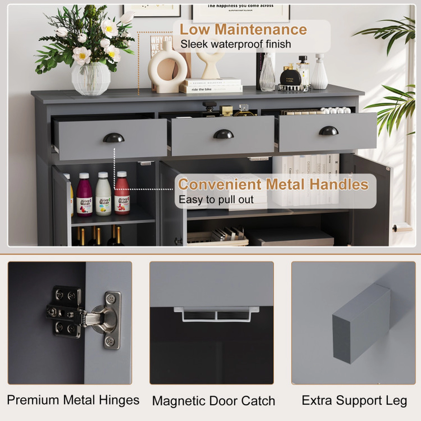 SUGIFT 3-Drawer Cup Handles Adjustable Shelves Sideboard Buffet Cabinet 53.5-in x 17-in x 34-in 22-lb per Shelf Gray