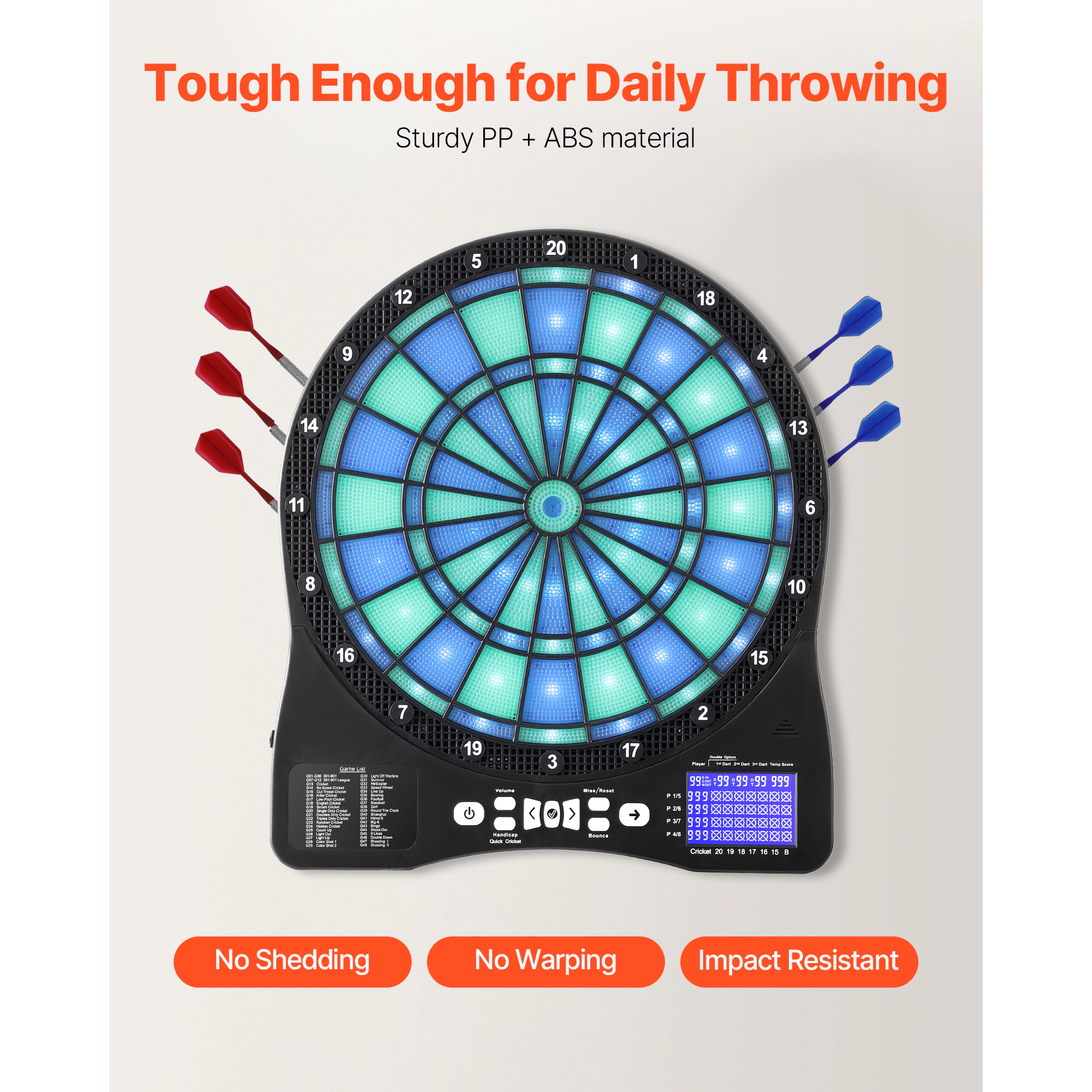 HONGGE 13.5-Inch Electronic Dart Board with LED-Lit Target and LCD Scoring Screen, 48 Games for 8 Players