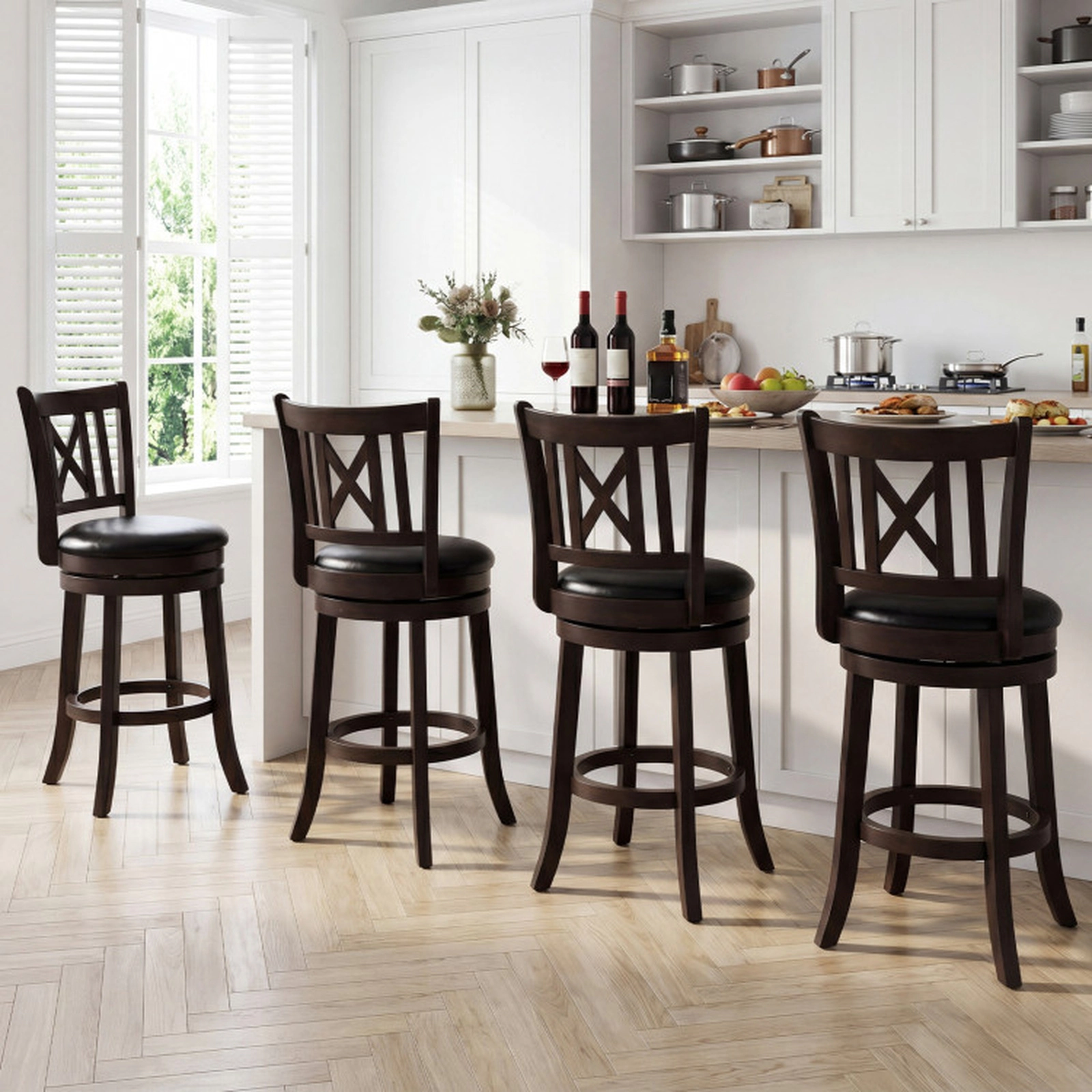SUGIFT Set of 4 Swivel Bar Stools with Hollowed Backrest and Footrest 26-in Seat Height 275-lb Capacity Dark Chocolate