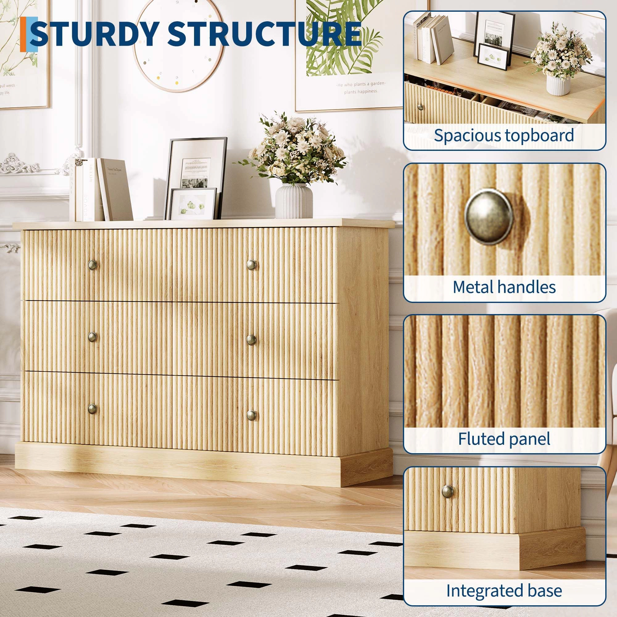 6 Drawer Fluted Dresser, 47" Wide Modern Wood Storage Chest with Metal Handles for Bedroom Apartment