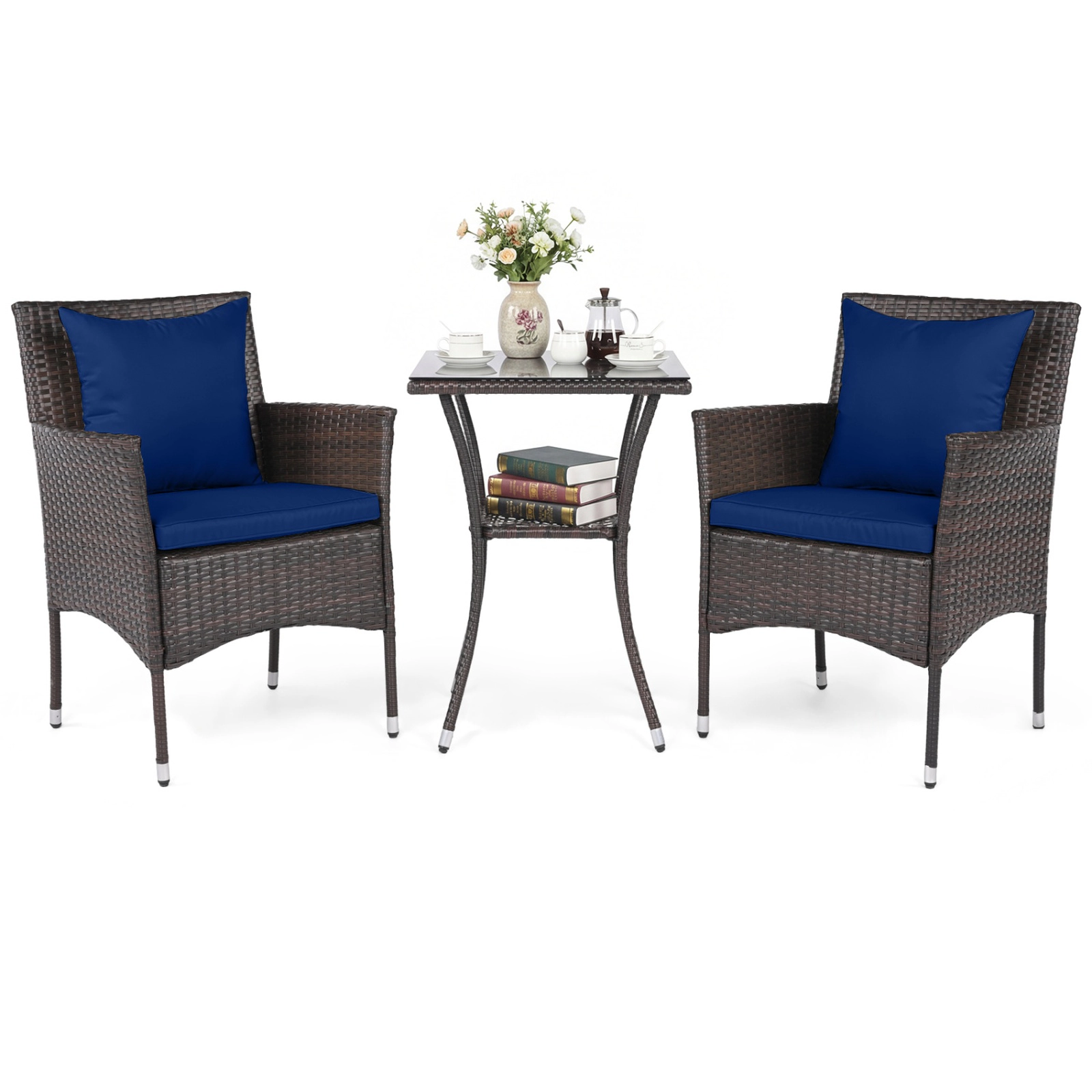 SUGIFT 3-Piece Navy Outdoor Wicker Bistro Set with Cushioned Chairs and 2-Tier Glass Table