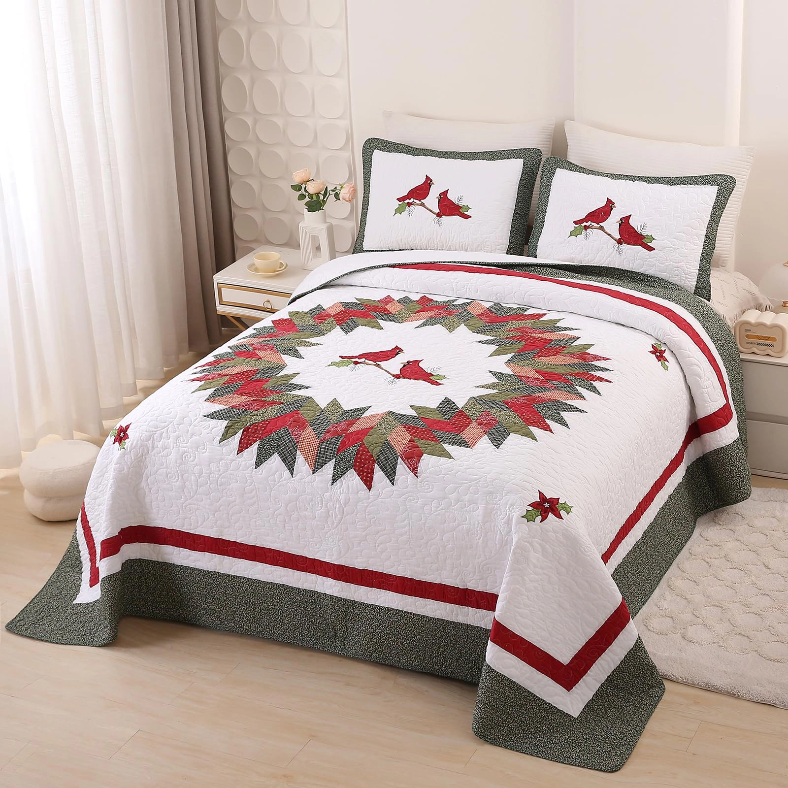 PUPWE Farmhouse Green 2 Piece Embroidered Flquilted Bedspread Quilt Setton Reversible Patchwork Coverlet