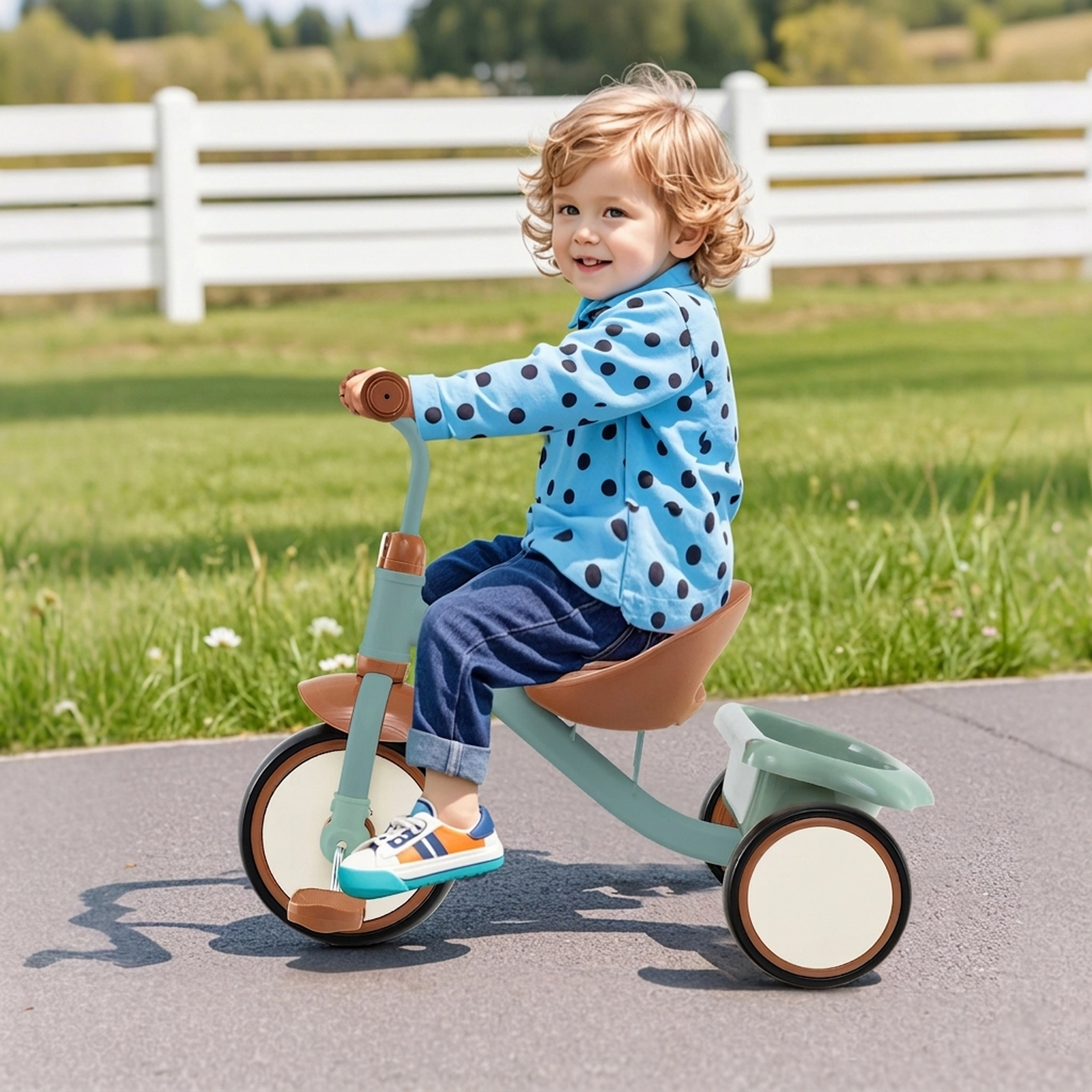 Toddler Tricycle Ages 3-5 Adjustable Seat Rear Storage Basket Anti-Slip Pedals 70-Degree Steering Limit 55-lb Capacity