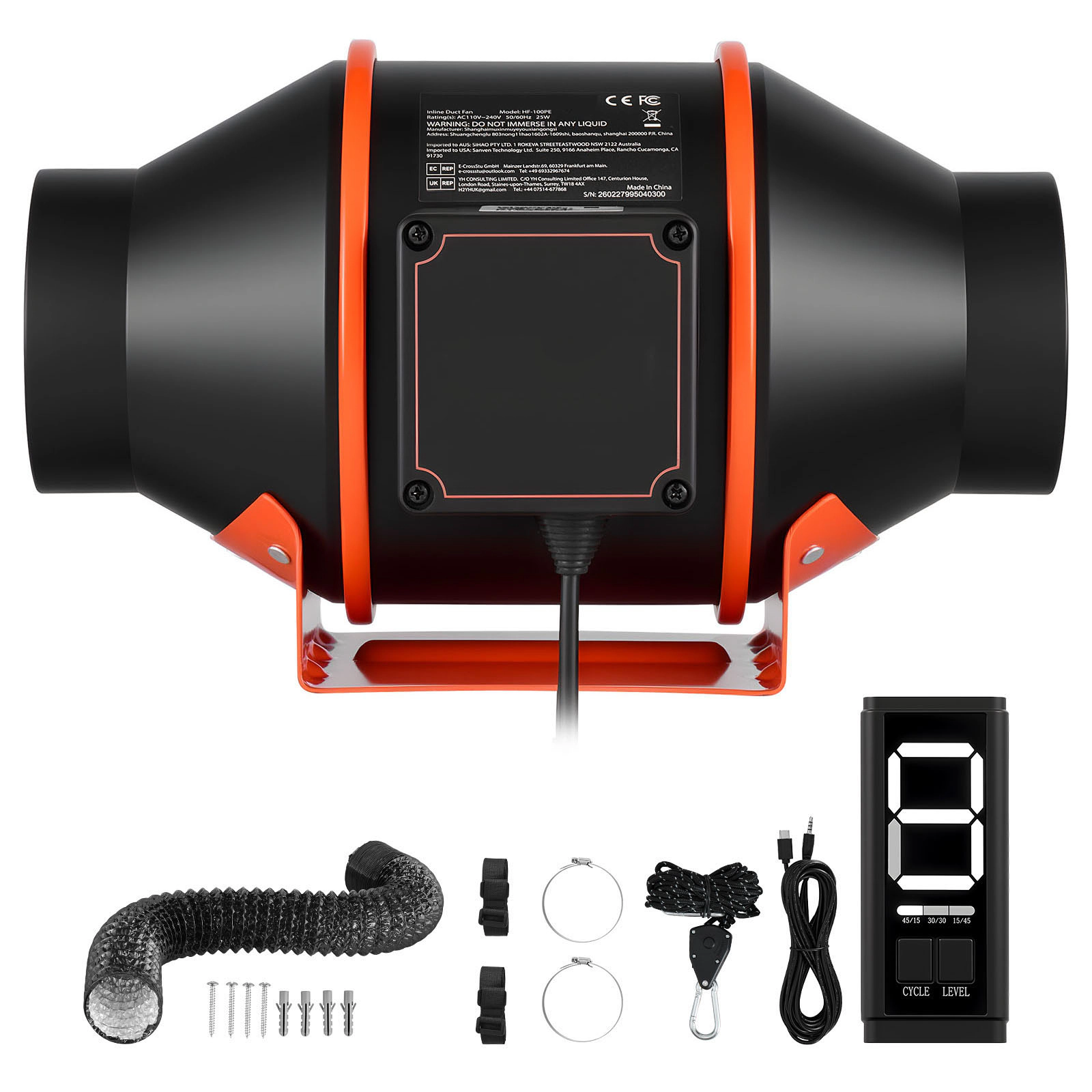 HONGGE Inline Duct Fan Kit with Carbon Filter EC Motor Ventilation 3-Speed Circulation 10-Speed PWM Controller