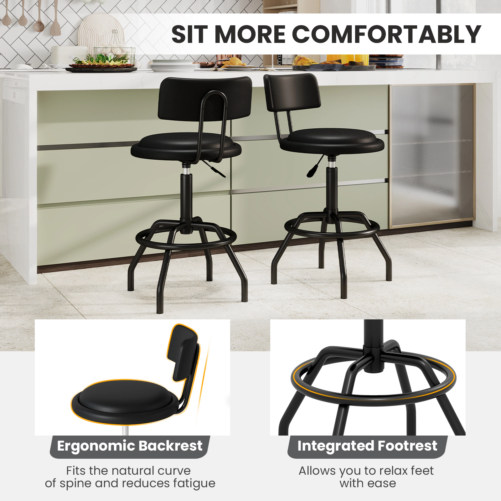 SUGIFT 360° Swivel Adjustable Counter Height Bar Stool with Padded Seat and Back 330-Lb Capacity Black Set of 2