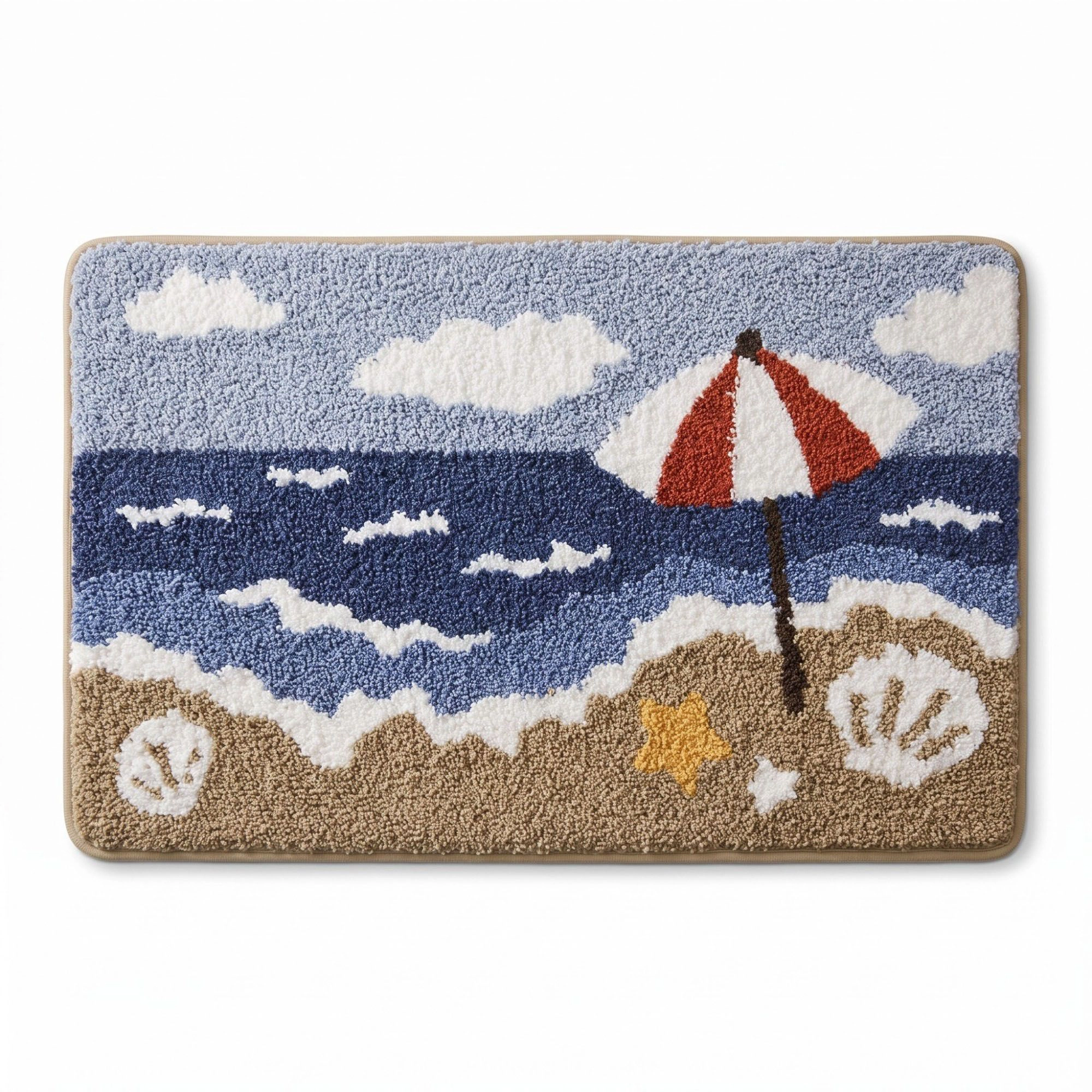 Alilang Unisex Coastal Beach Scene Plush Bathroom Mat with Umbrella and Ocean Wave Design