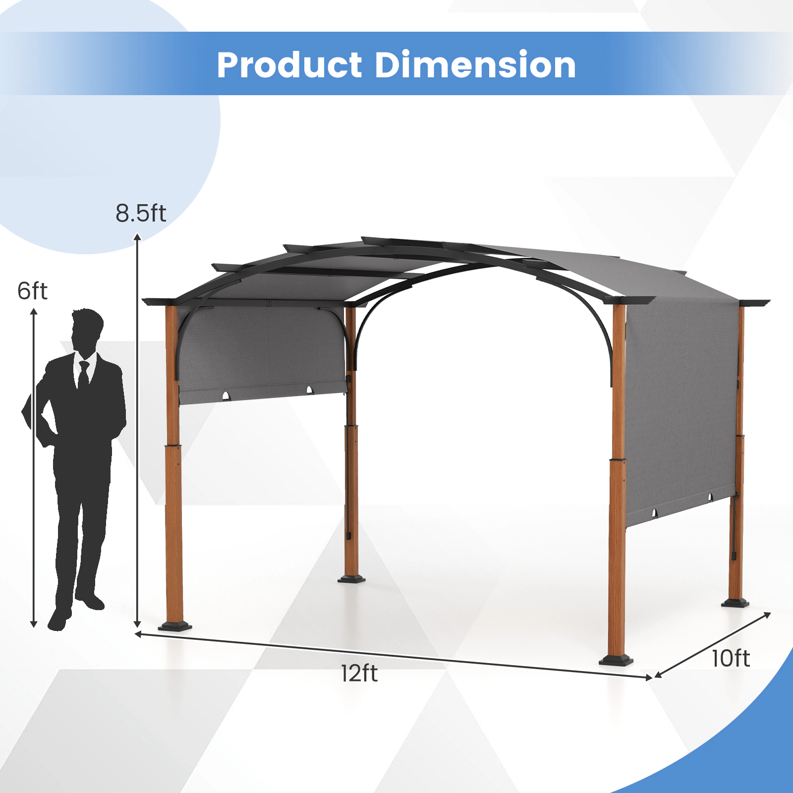 SUGIFT 10-ft x 12-ft Beige Metal Pergola with Retractable Shade Canopy and 16 Ground Nails for Backyard