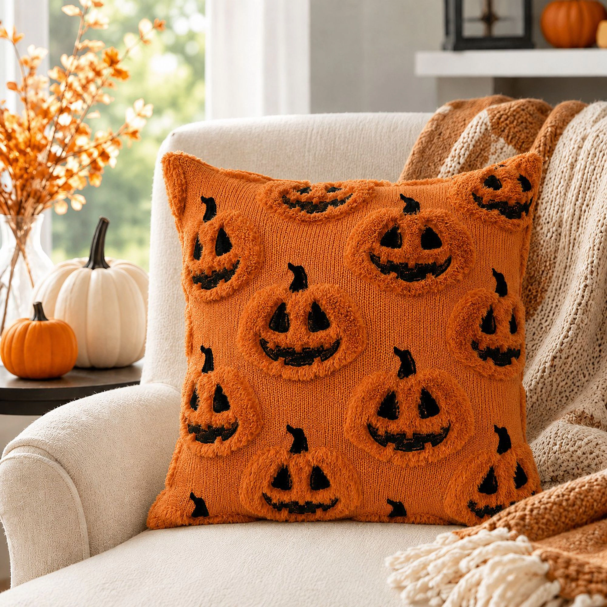 Alilang Halloween Textured Pumpkin Ghost Decorative Throw Pillow Cover
