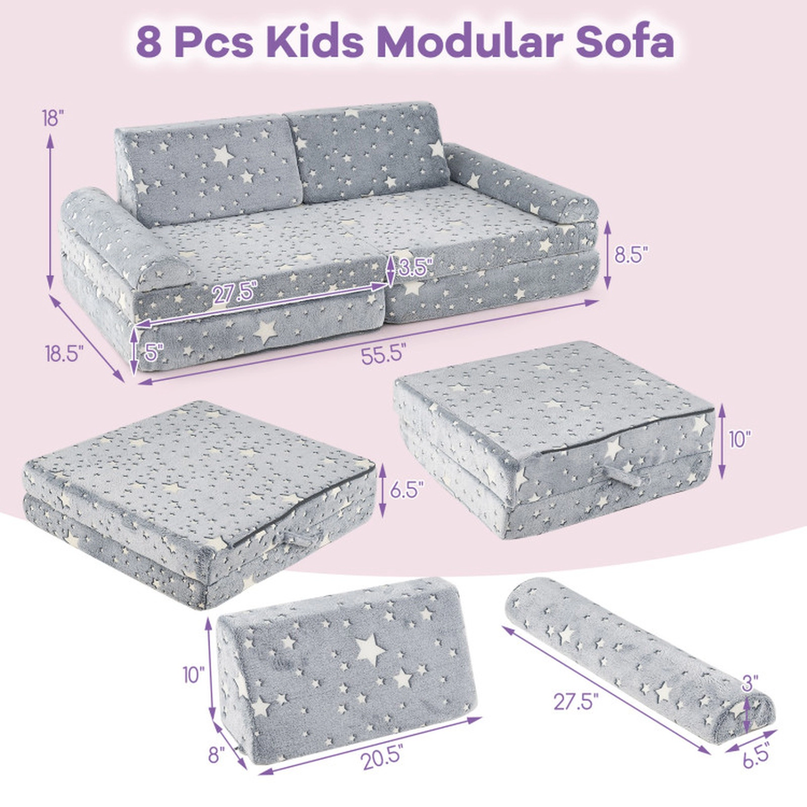 SUGIFT 8-Piece Glow-in-the-Dark Modular Kids Play Couch Toddler Sectional Sofa Chair 55.5-in Wide Gray Multicolor