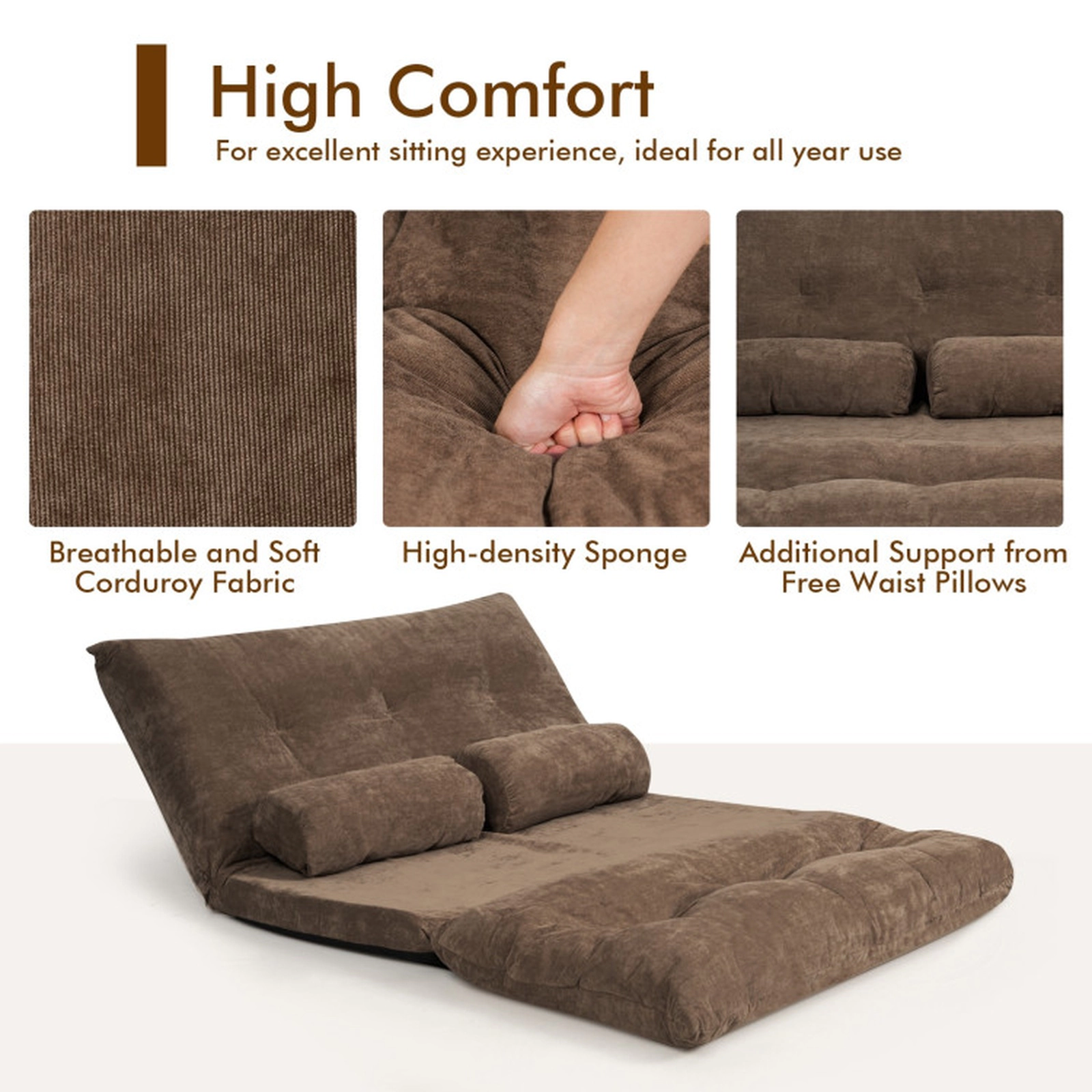 SUGIFT 6-Position 2 Bolster Pillows Corduroy Convertible Floor Sofa Bed 71-in x 42.5-in x 7-in 330-lb Capacity Brown