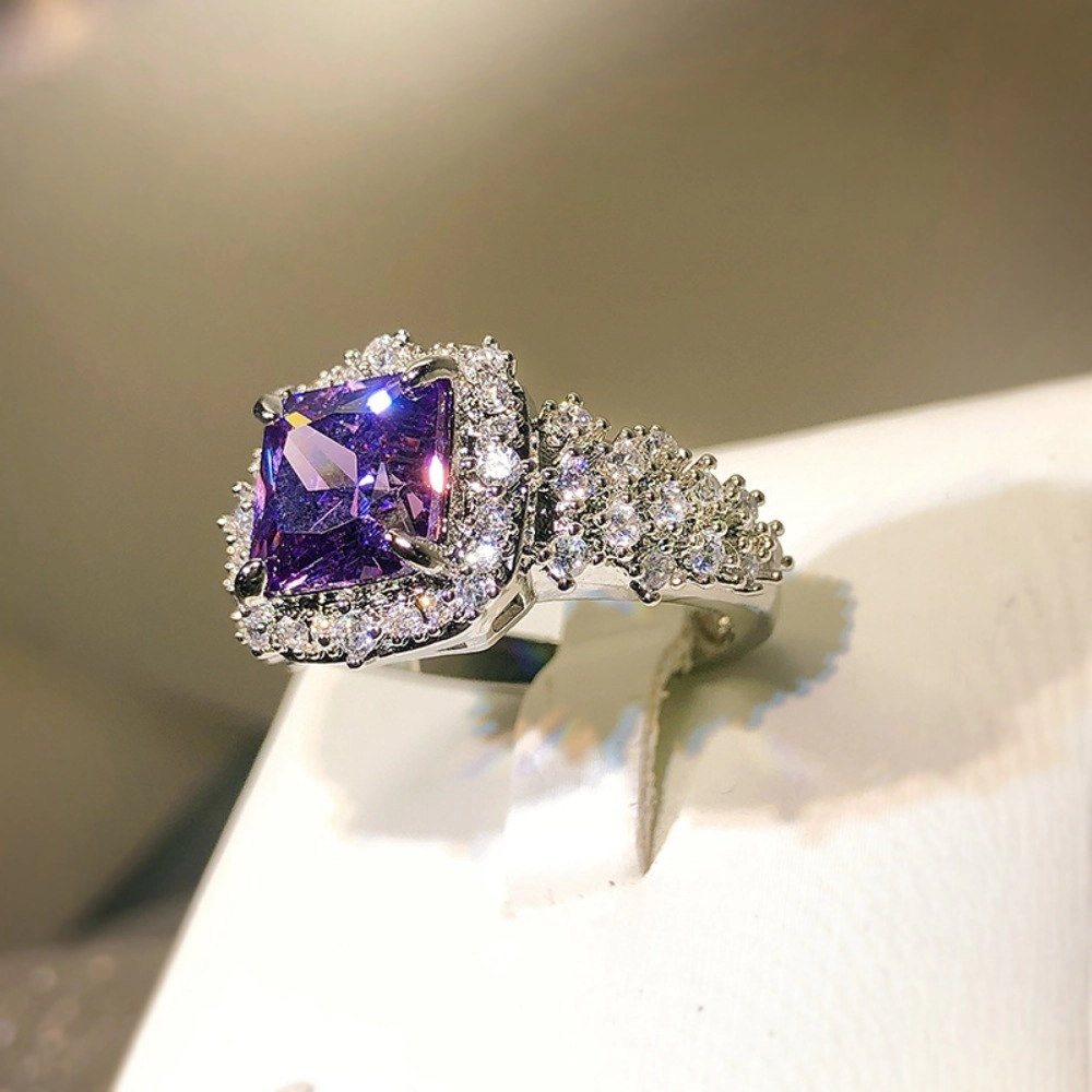 Princess‑Cut Purple Cubic Zirconia Halo Ring Silver‑Tone Luxury Cocktail Engagement Ring for Women