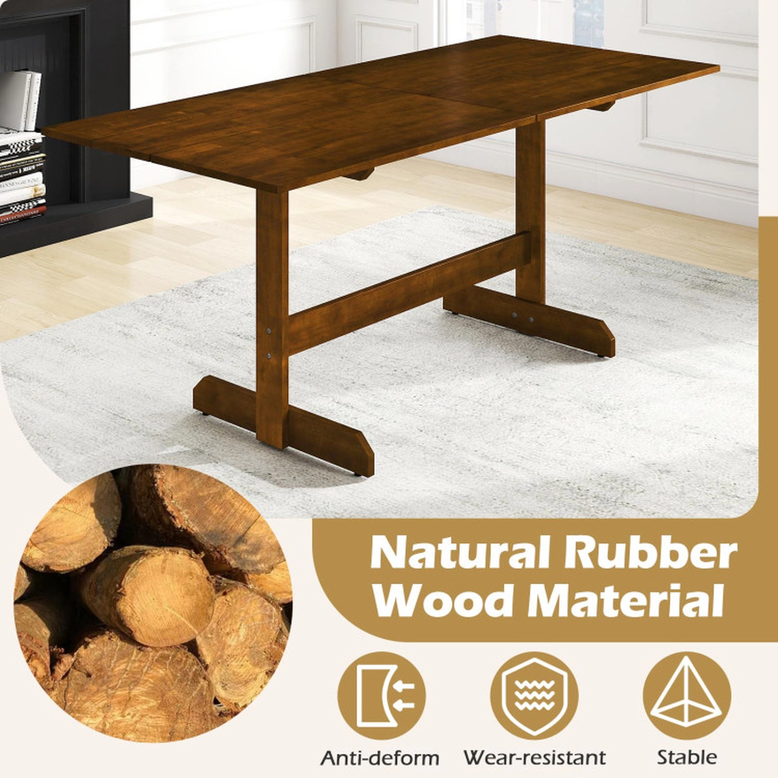 SUGIFT 71 in Walnut Farmhouse Dining Table, Seats 6 to 8