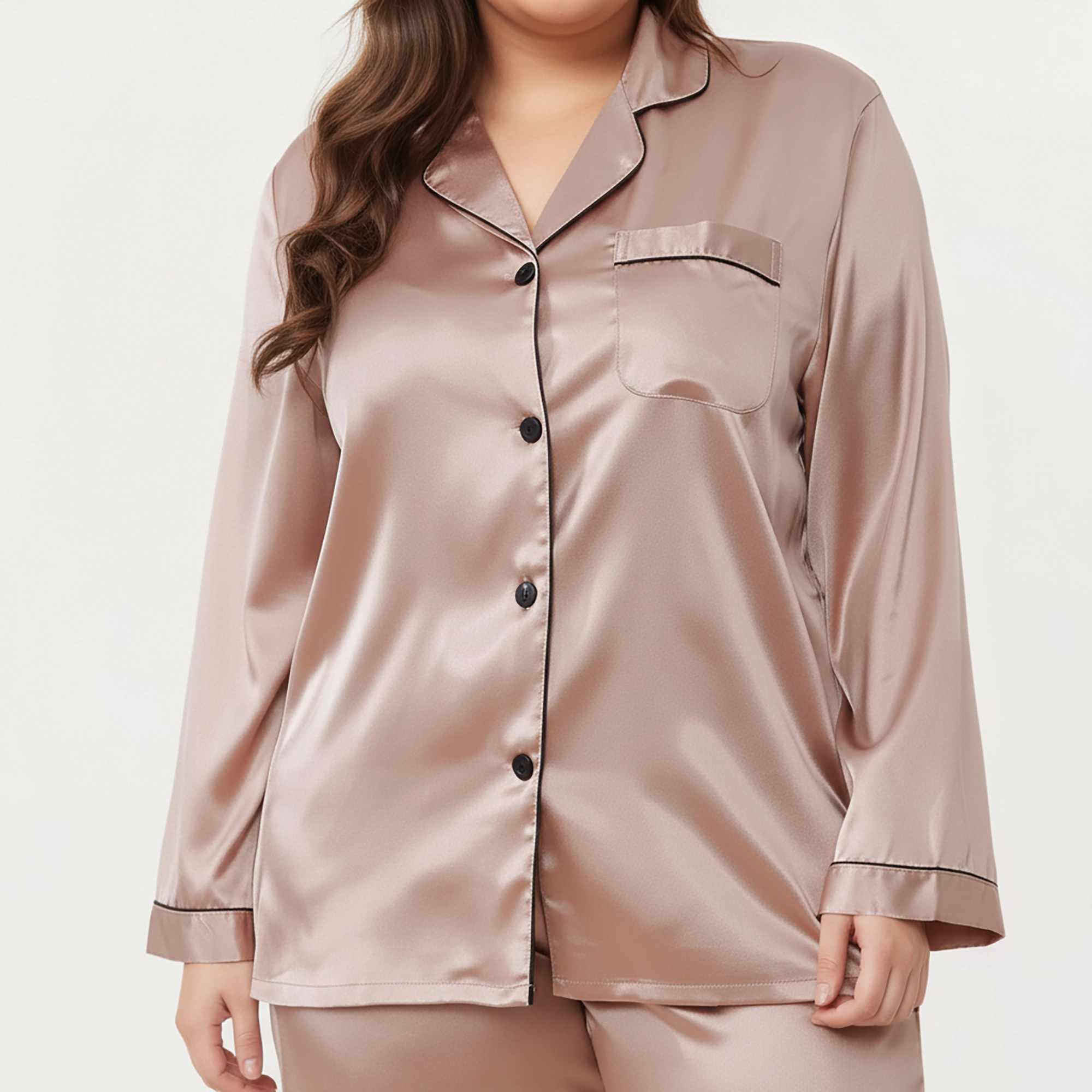 Anna-Kaci Women's Plus Satin Pajama Set with Long Sleeve Button Front Top and Relaxed Straight Leg Pants