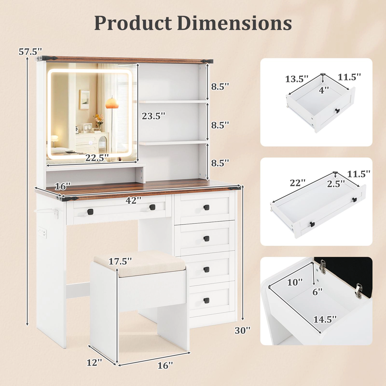 SlickBlue Makeup Vanity Desk with LED Mirror and Charging Station
