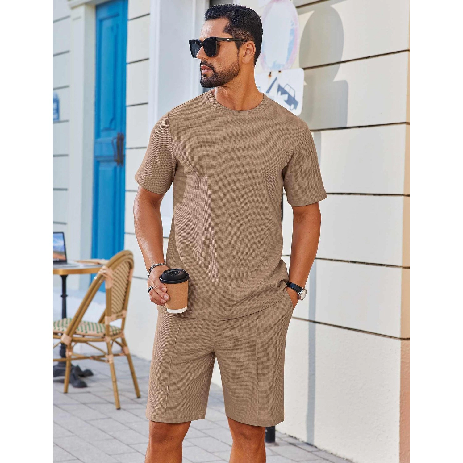 COOFANDY Mens  Casual Short Sleeve Crew Neck Textured Ribbed Hem Solid Tee