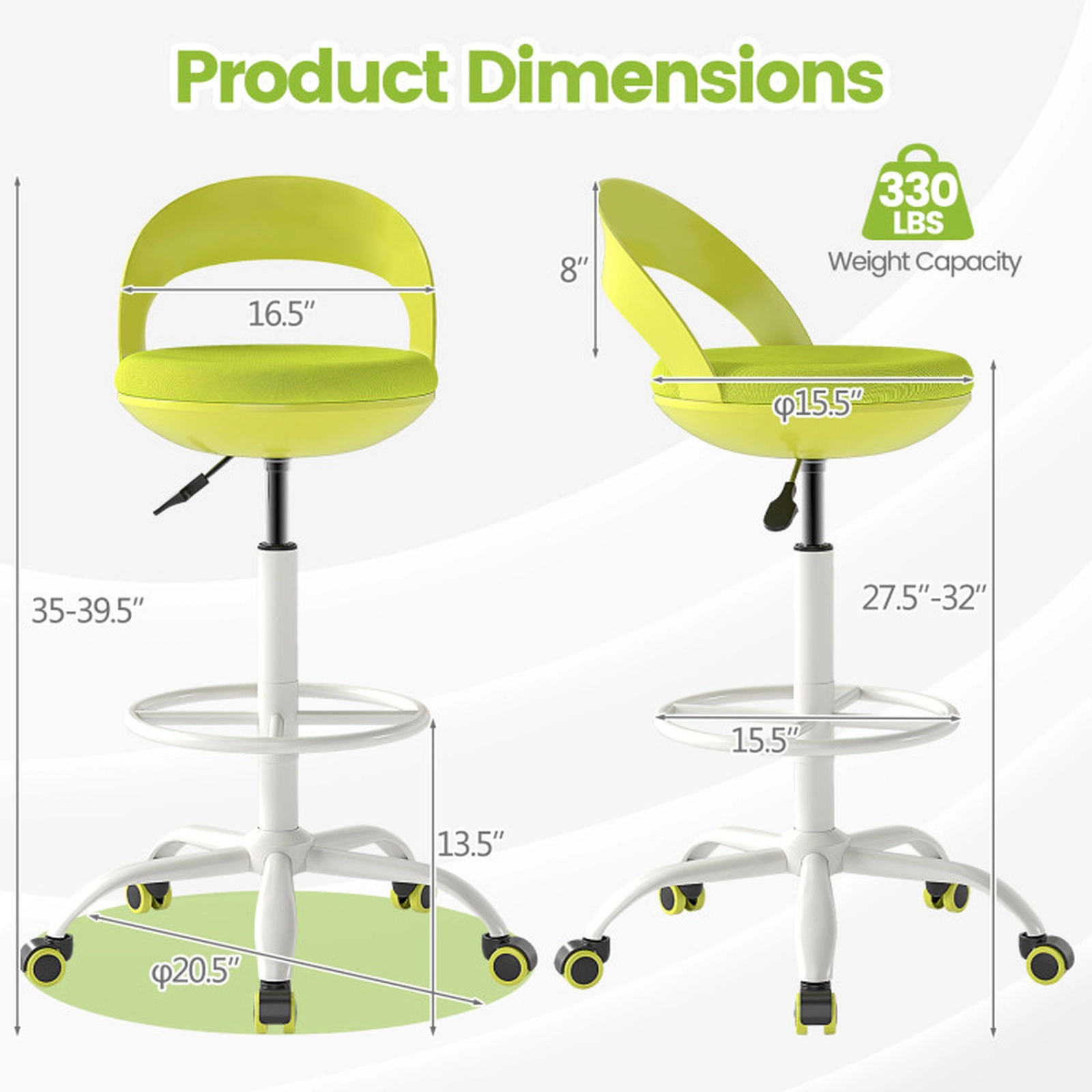 SUGIFT Adjustable Height Mesh Cushion Footrest Ring Rolling Drafting Stool 20.5-in x 18.5-in x 35-in 350-lb Green