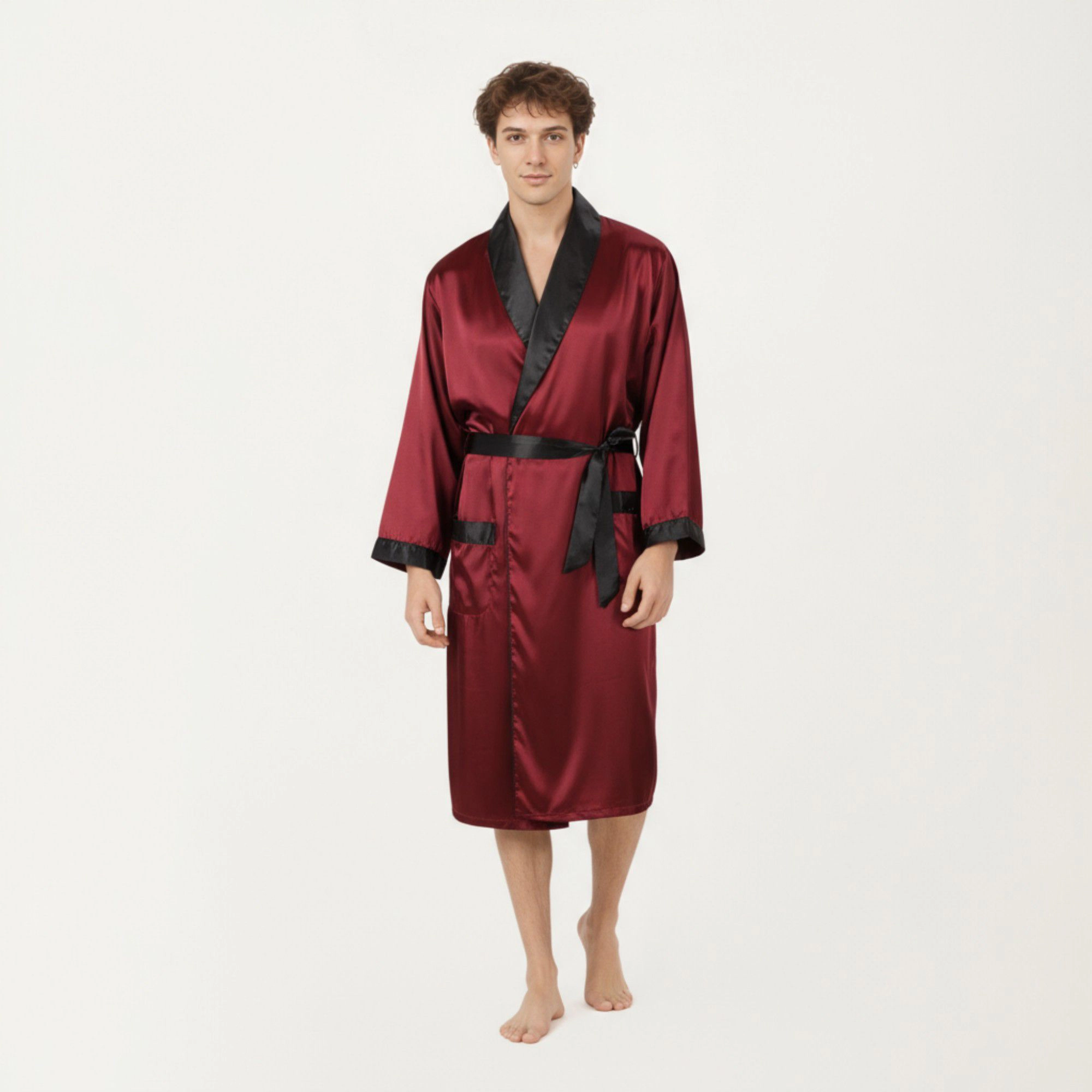 Anna-Kaci Men's Satin Robe with Contrast Shawl Collar Waist Tie and Front Pockets