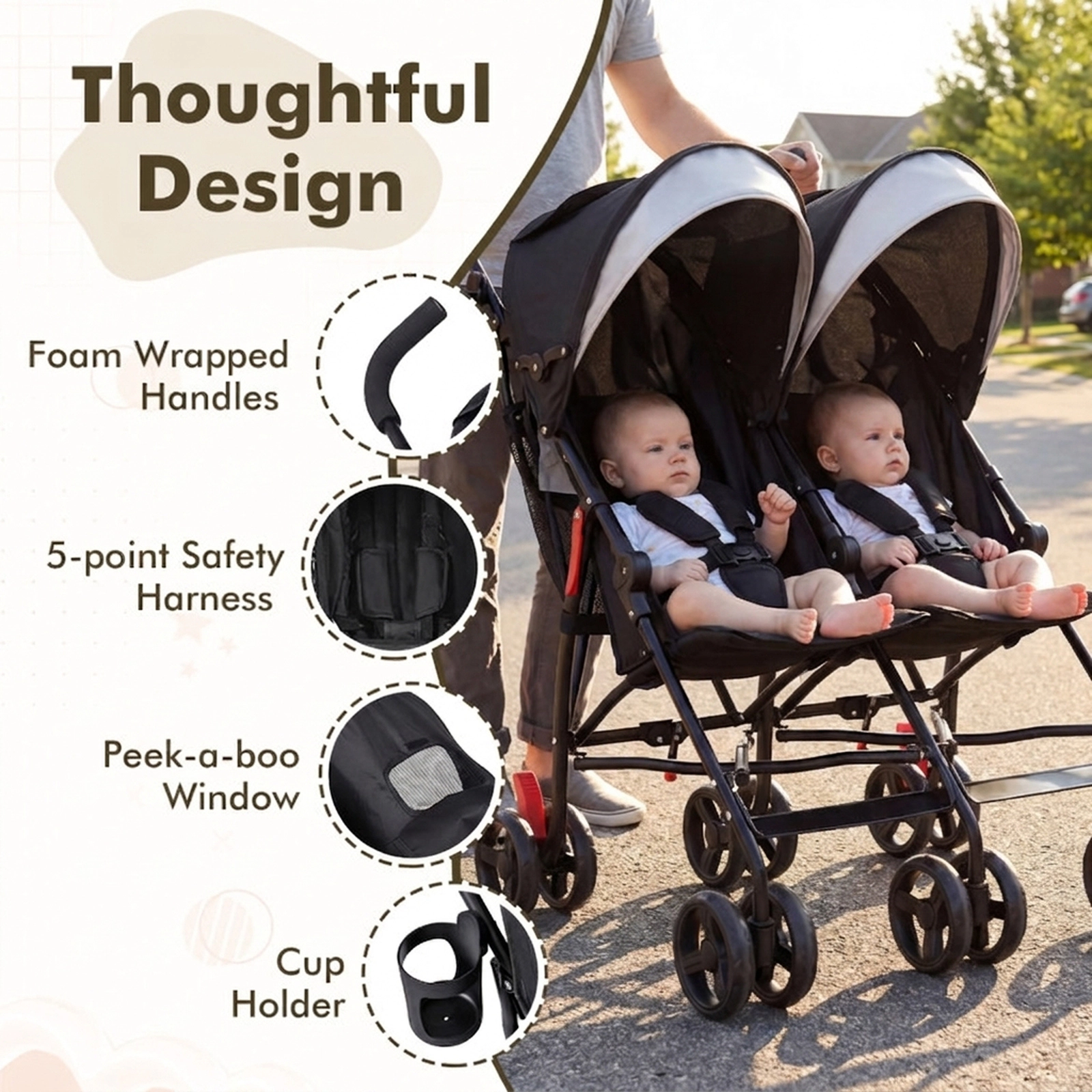 SUGIFT Baby Black Side-by-Side Double Umbrella Stroller with 5-Point Harness 31-in W 37-in H 35-lb Per Seat