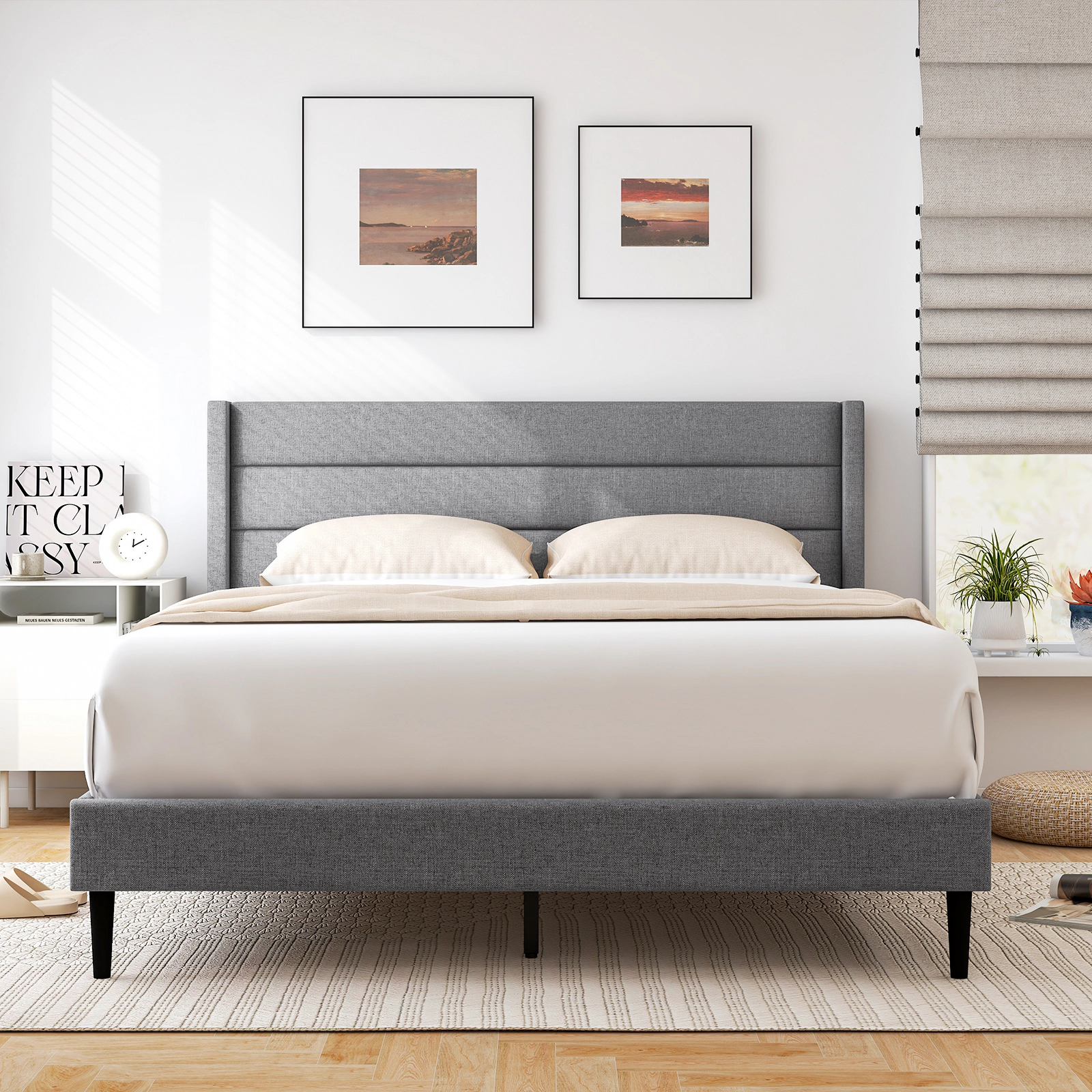 Queen Size Linen Upholstered Platform Bed Frame with Quilted Wingback Headboard 10 Ventilated Plywood Slats Grey